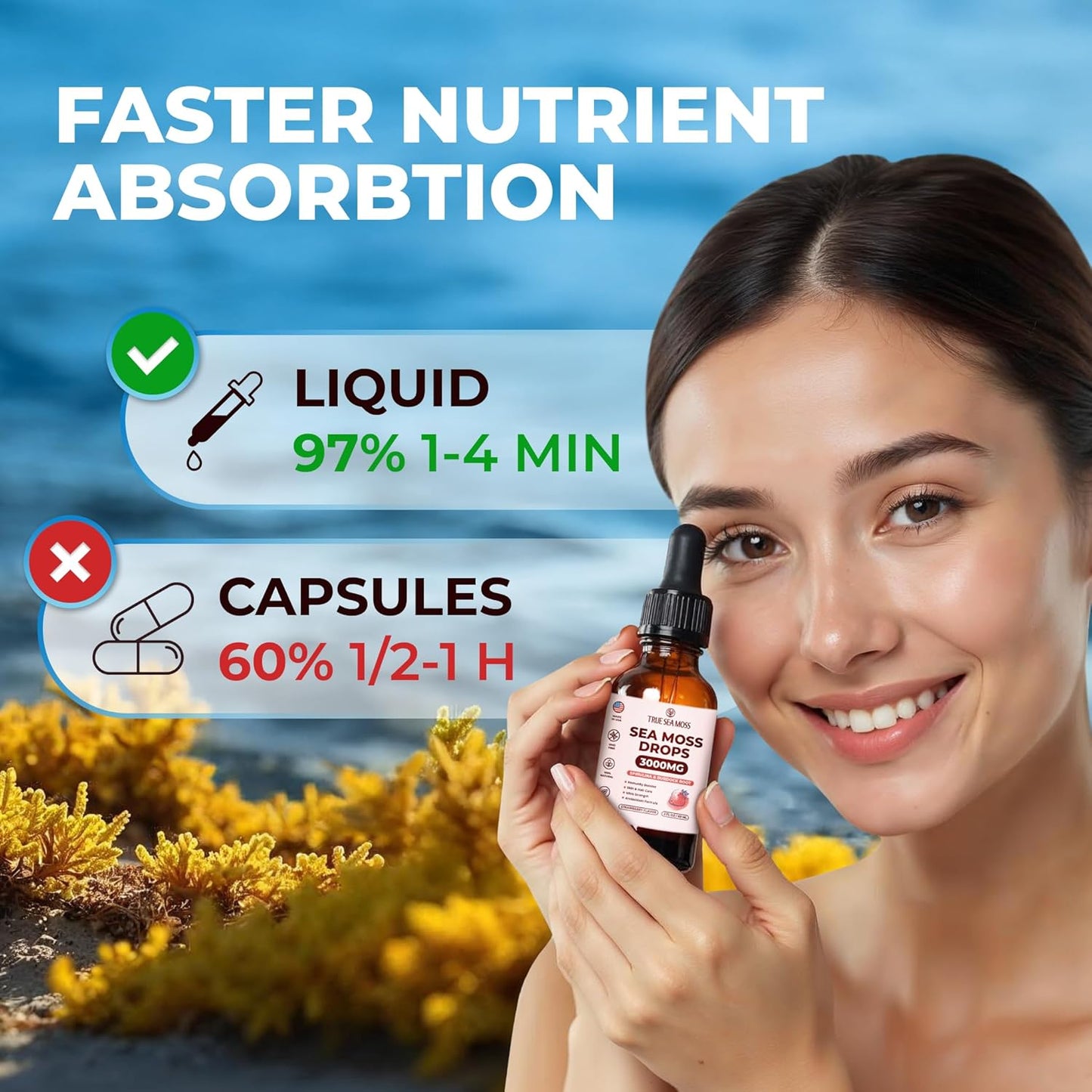 3000mg TrueSeaMoss Drops with Spirulina & Burdock Root for Digestive & Immune Support - 2 Fl Oz Strawberry Flavor