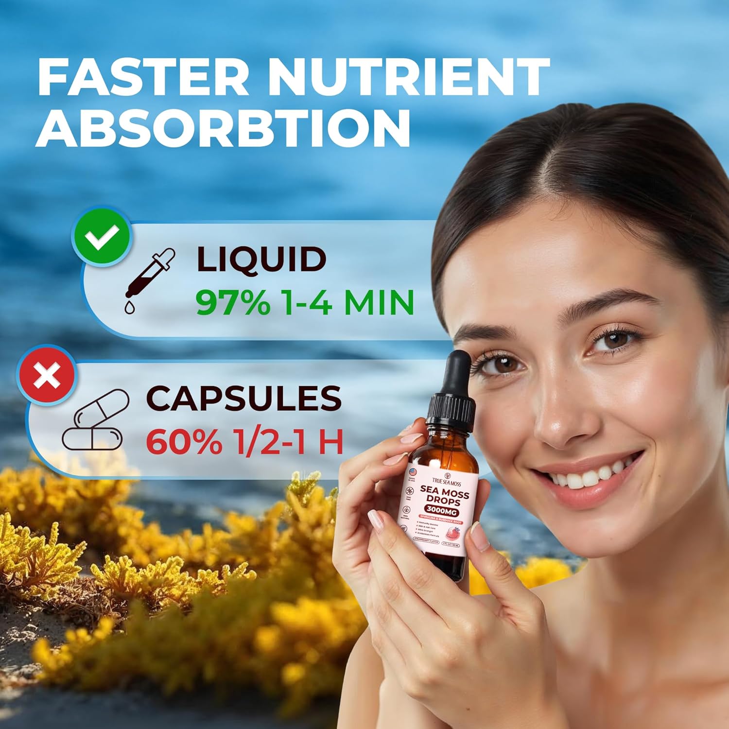 3000mg TrueSeaMoss Drops with Spirulina & Burdock Root for Digestive & Immune Support - 2 Fl Oz Strawberry Flavor