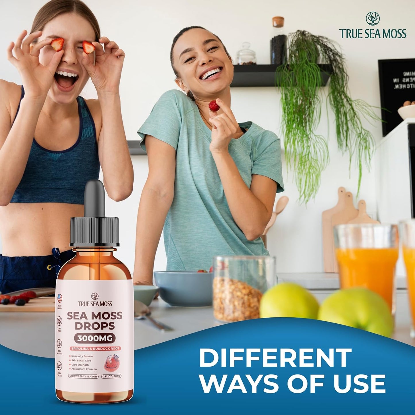 3000mg TrueSeaMoss Drops with Spirulina & Burdock Root for Digestive & Immune Support - 2 Fl Oz Strawberry Flavor