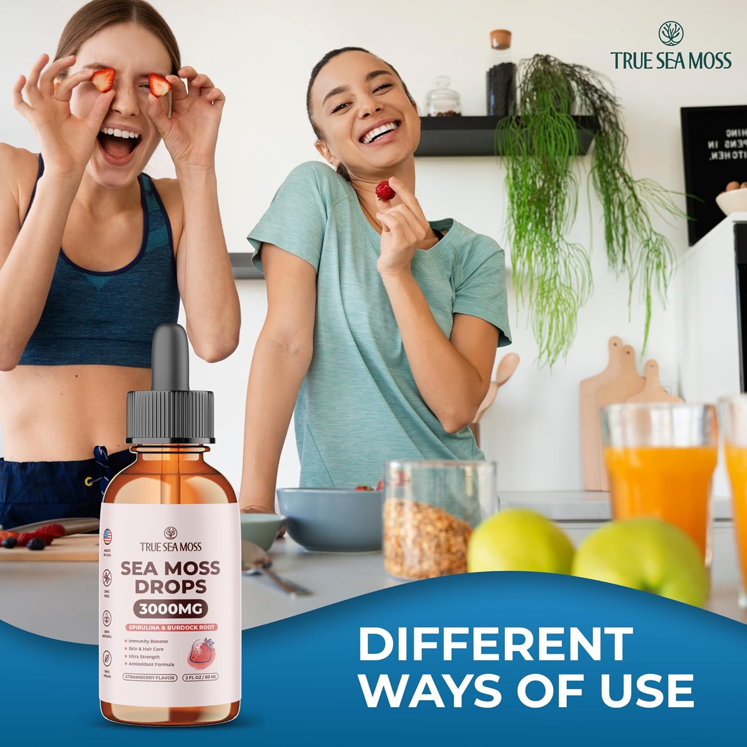 3000mg TrueSeaMoss Drops with Spirulina & Burdock Root for Digestive & Immune Support - 2 Fl Oz Strawberry Flavor