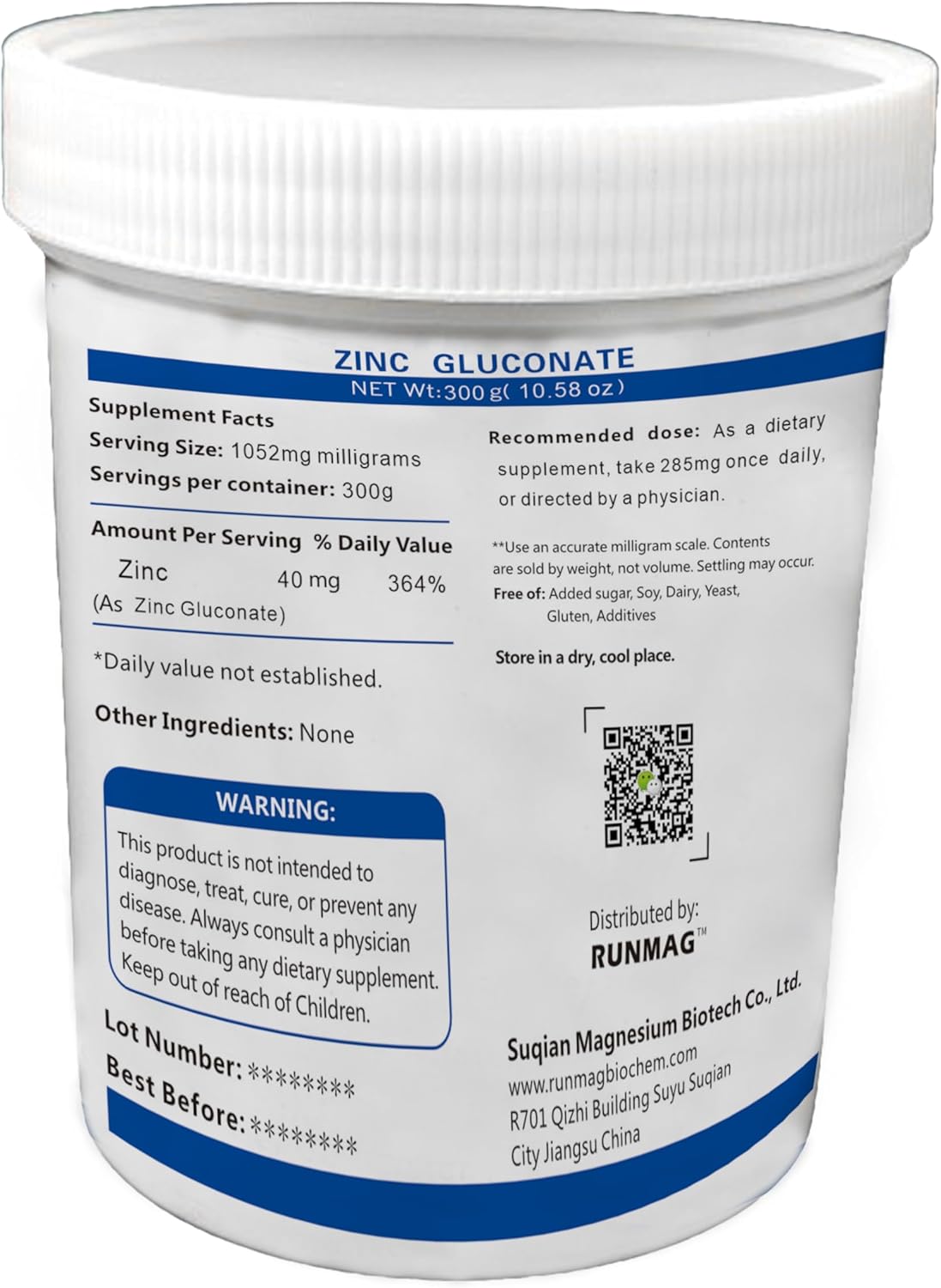300g Bottle of Food Grade RUNMAG Pure Zinc Gluconate Powder