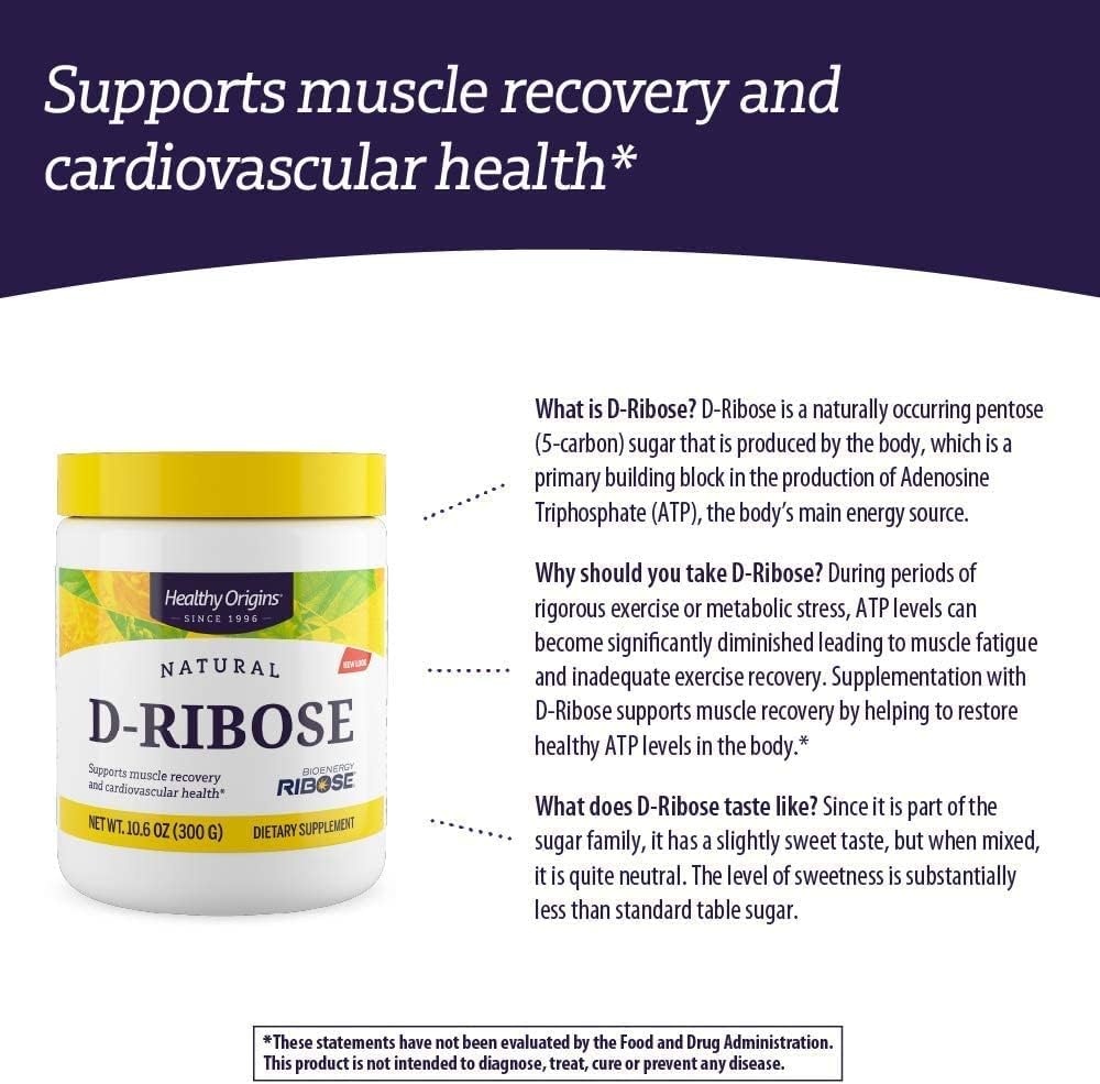 300g Healthy Origins D-Ribose Powder (Bioenergy) - Ribose Supplement for Heart Health & Muscle Recovery - Gluten-Free & Non-GMO - 10.6 Oz