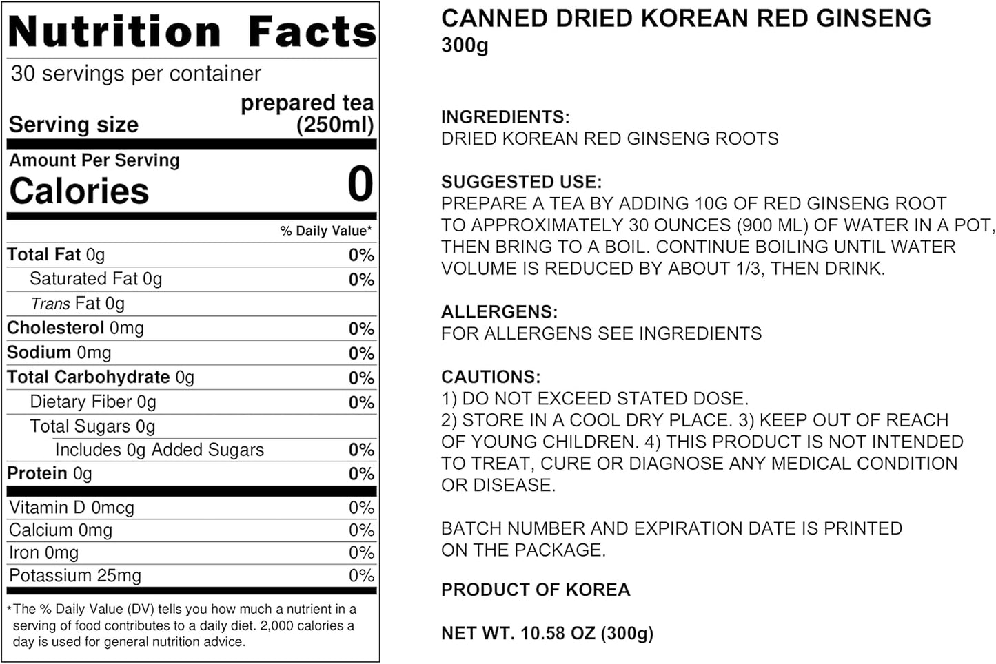 300g Korean Panax Red Ginseng Canned Dried Roots - 6 Years, Good Grade, Immune Support