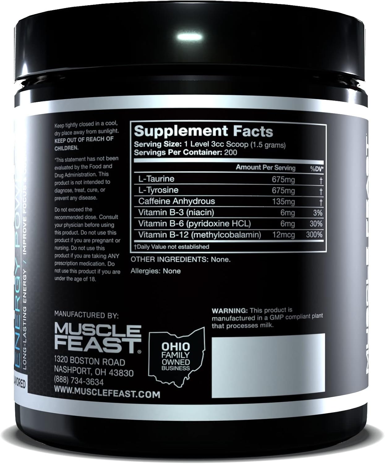 300g Muscle Feast 8 Hour Energy: All Natural, Keto-Friendly, Sugar-Free, Zero Calorie Unflavored Powder