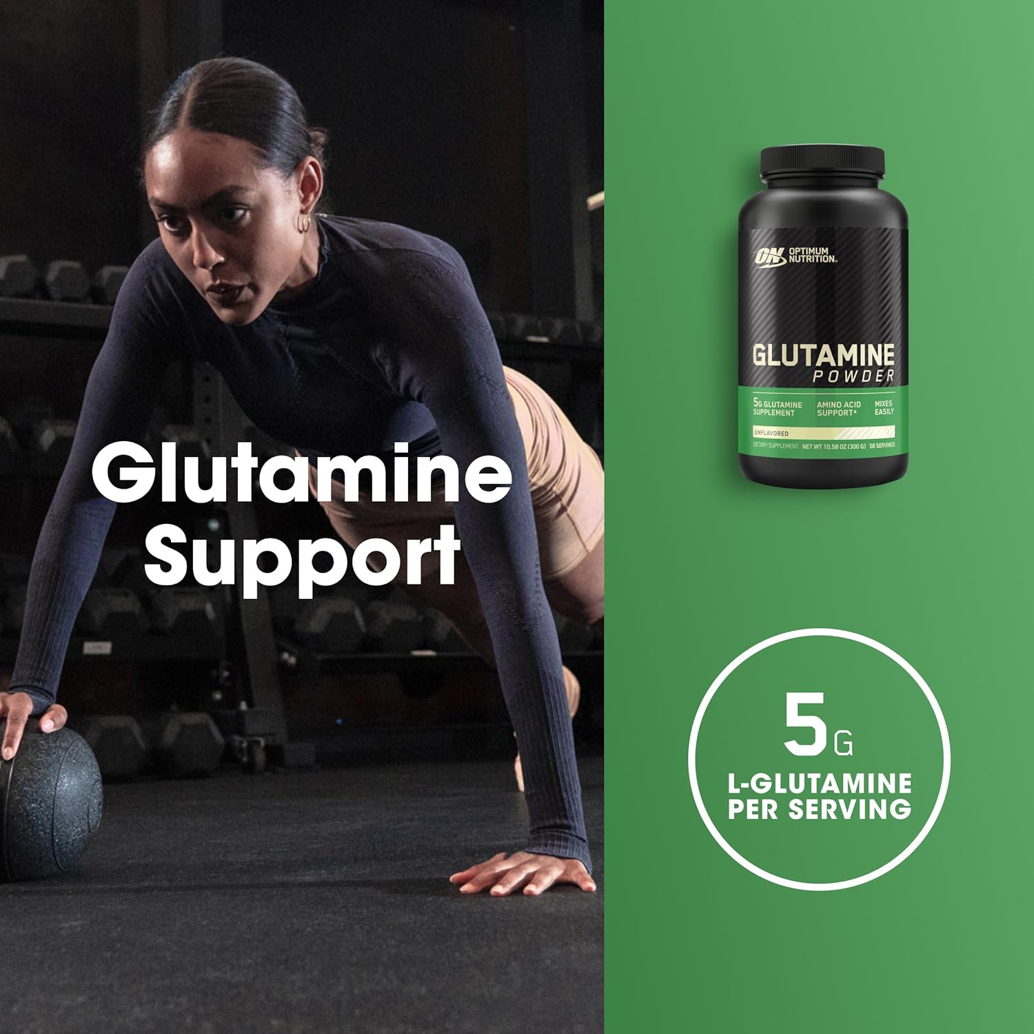 300g Optimum Nutrition L-Glutamine Powder for Muscle Recovery - Unflavored, 58 Servings