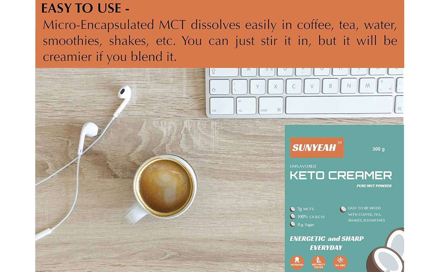 300g SUNYEAH MCT Powder - Pure C8 C10 MCT Oil Powder, Keto Coffee Creamer, Unsweetened, from Coconut - Great for Coffee, Tea, Shakes, Smoothies - Non-GMO