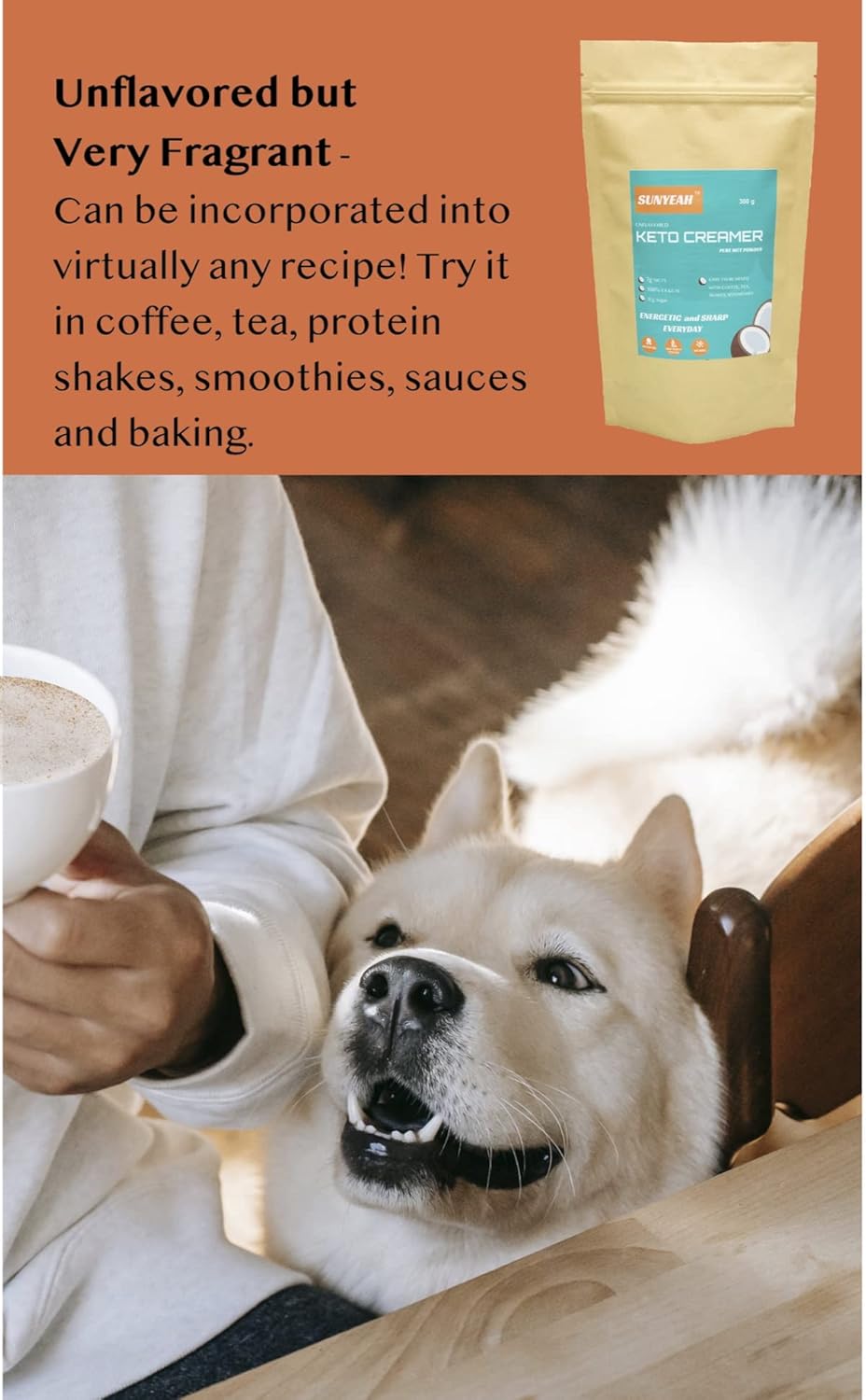 300g SUNYEAH MCT Powder - Pure C8 C10 MCT Oil Powder, Keto Coffee Creamer, Unsweetened, from Coconut - Great for Coffee, Tea, Shakes, Smoothies - Non-GMO