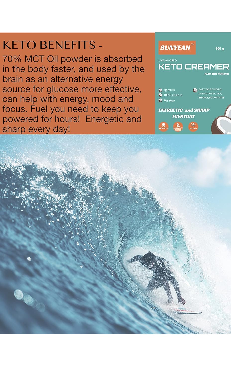 300g SUNYEAH MCT Powder - Pure C8 C10 MCT Oil Powder, Keto Coffee Creamer, Unsweetened, from Coconut - Great for Coffee, Tea, Shakes, Smoothies - Non-GMO