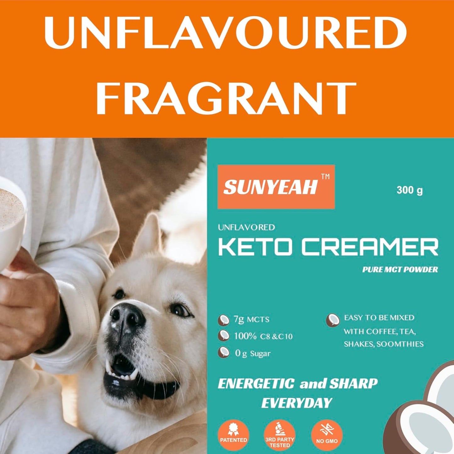 300g SUNYEAH MCT Powder - Pure C8 C10 MCT Oil Powder, Keto Coffee Creamer, Unsweetened, from Coconut - Great for Coffee, Tea, Shakes, Smoothies - Non-GMO