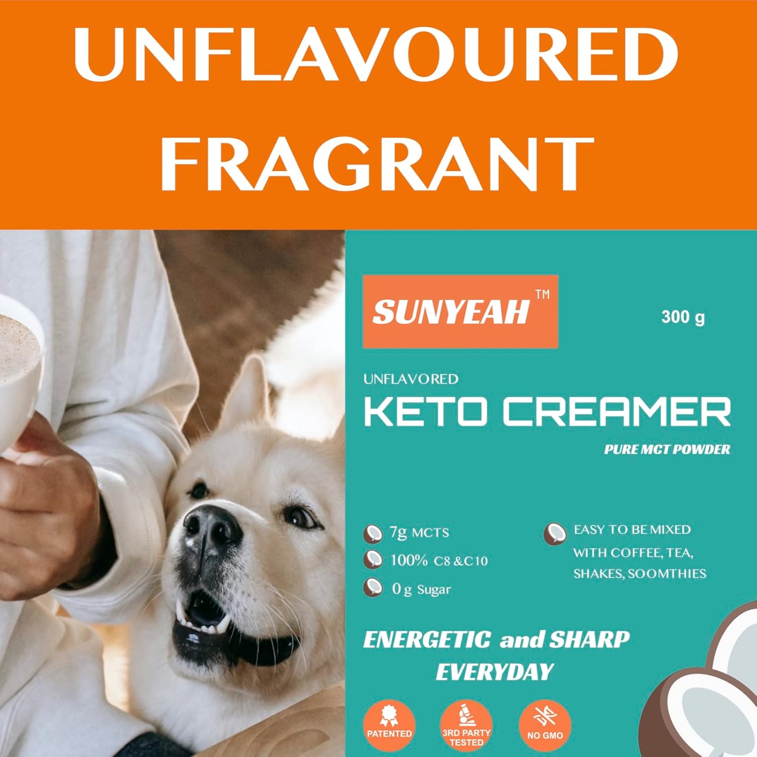 300g SUNYEAH MCT Powder - Pure C8 C10 MCT Oil Powder, Keto Coffee Creamer, Unsweetened, from Coconut - Great for Coffee, Tea, Shakes, Smoothies - Non-GMO