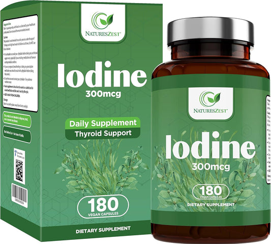 300mcg Pure Iodine Thyroid Support Supplement - 180 Capsules, 6 Month Supply - Potassium Iodide for Normal Thyroid Function - Vegan Formula