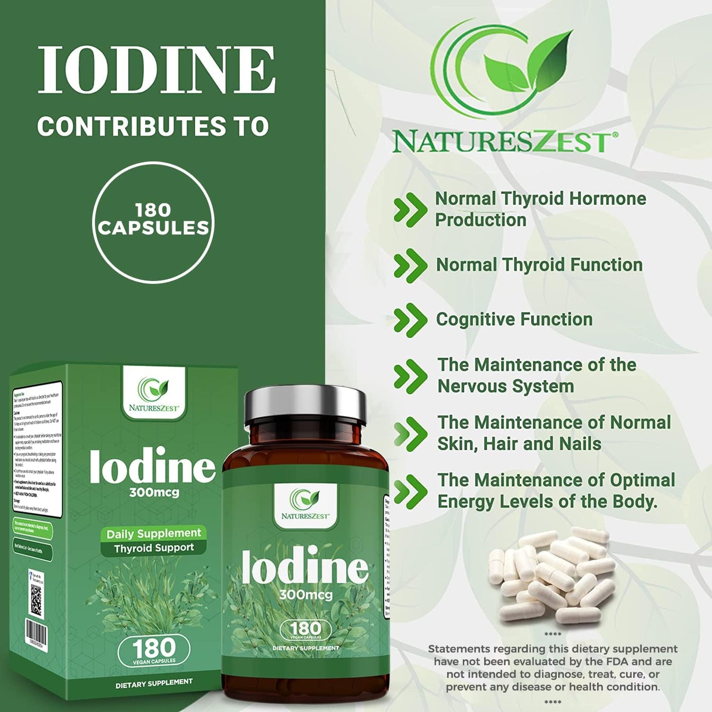 300mcg Pure Iodine Thyroid Support Supplement - 180 Capsules, 6 Month Supply - Potassium Iodide for Normal Thyroid Function - Vegan Formula