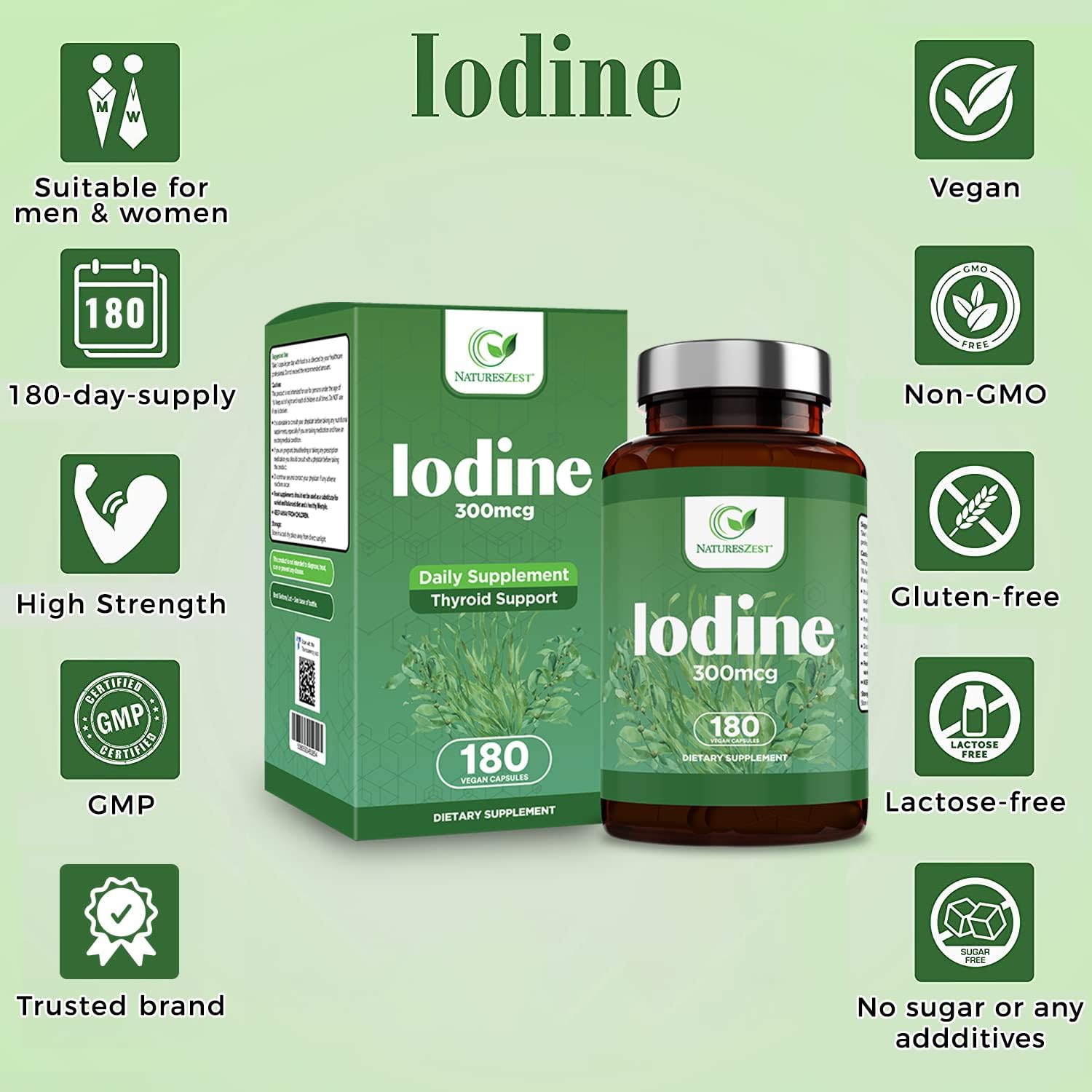 300mcg Pure Iodine Thyroid Support Supplement - 180 Capsules, 6 Month Supply - Potassium Iodide for Normal Thyroid Function - Vegan Formula