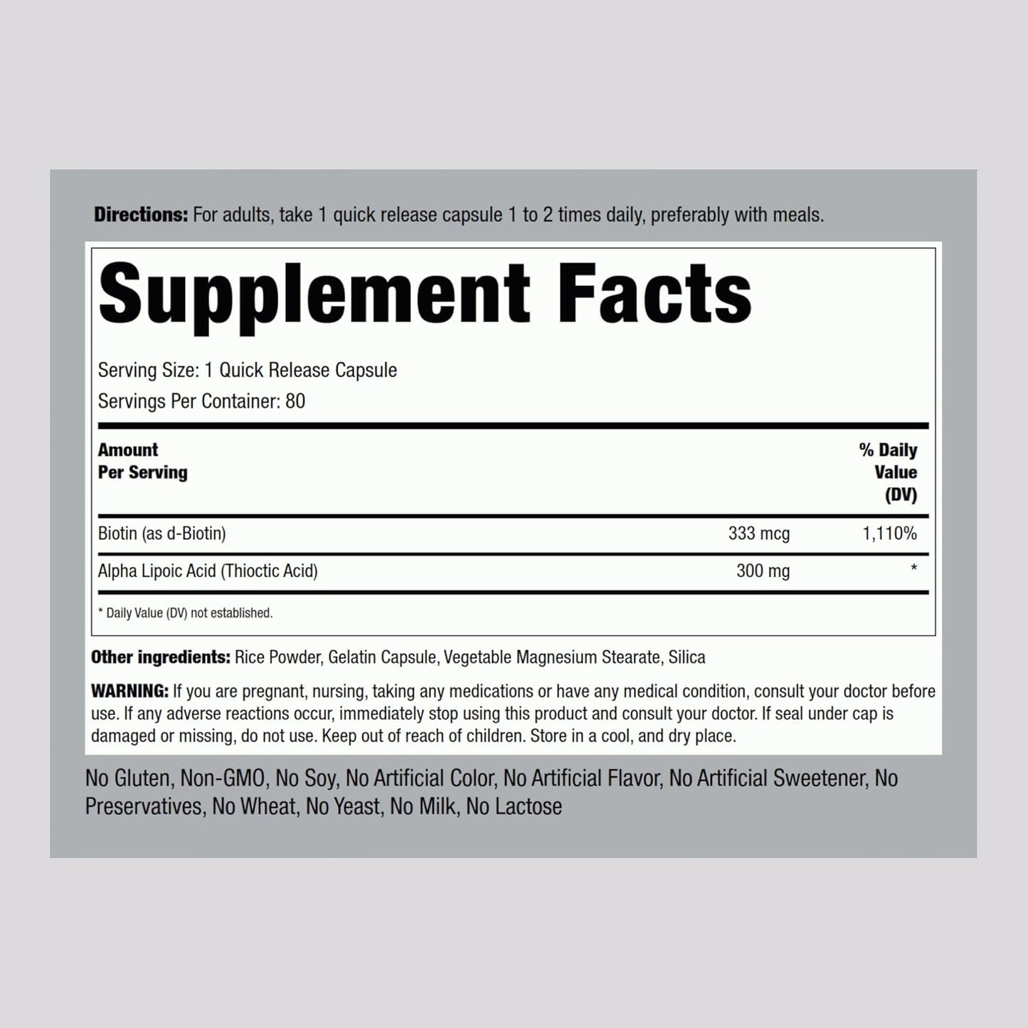 300mg Alpha Lipoic Acid with Biotin Optimizer | 80 Capsules, Non-GMO, Gluten Free