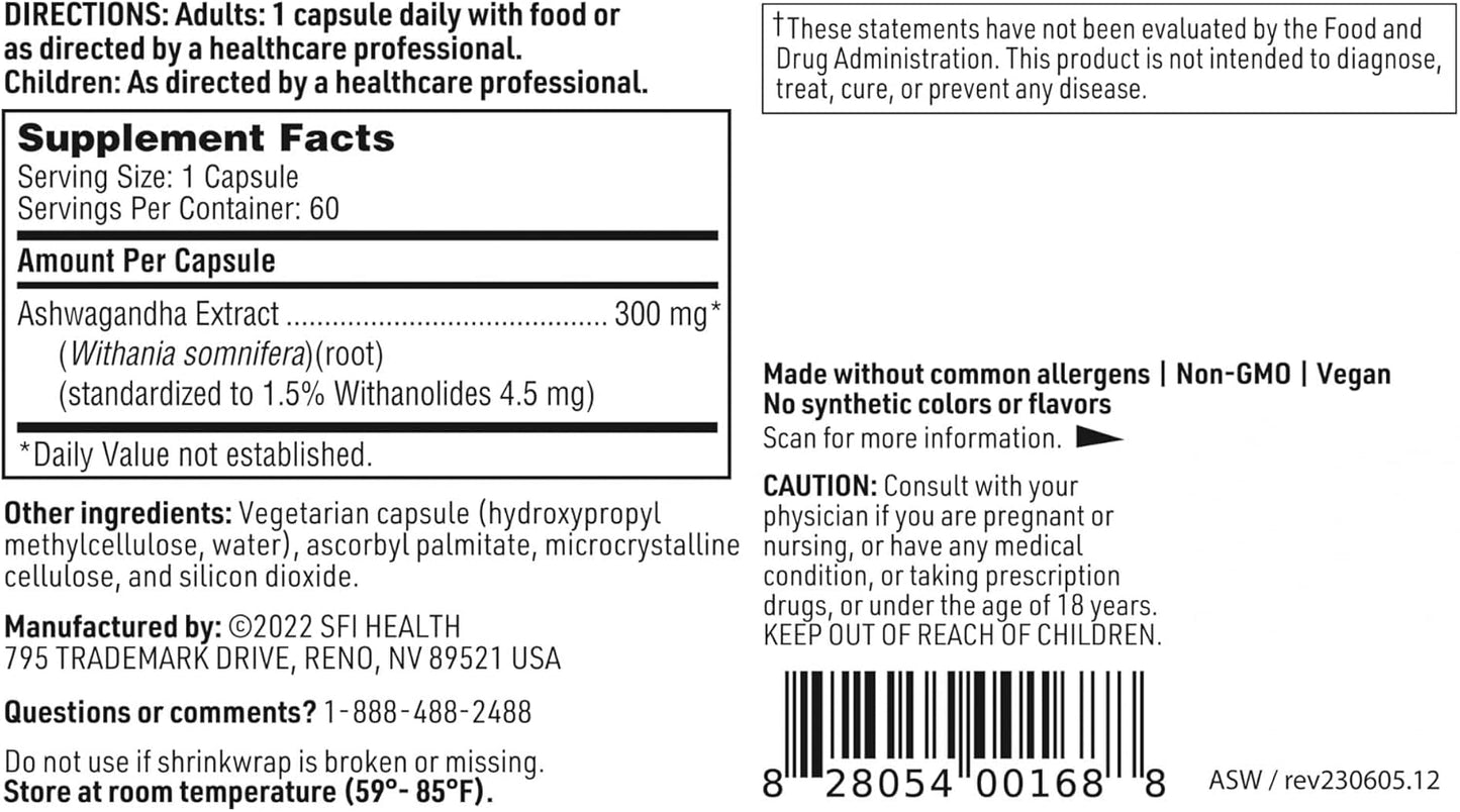 300mg Ashwagandha Extract Capsules - Memory & Cognitive Support - Hypoallergenic Stress Response Supplement