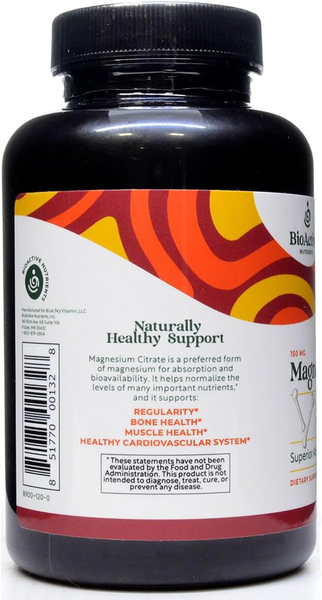 300mg BioActive Magnesium Citrate Capsules - Heart & Bone Health Support - Relaxation Aid - 120 Veg Caps - Gluten-Free