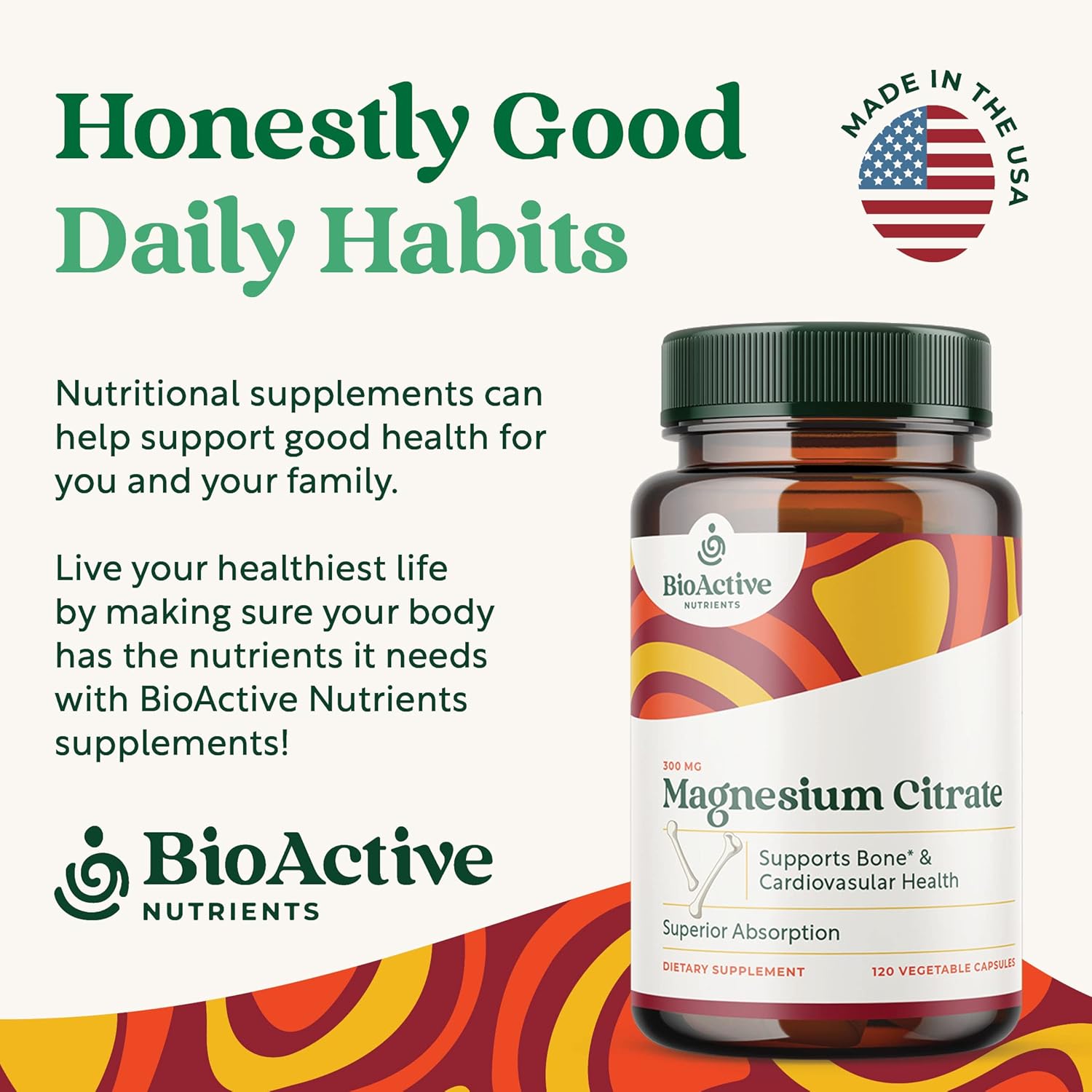 300mg BioActive Magnesium Citrate Capsules - Heart & Bone Health Support - Relaxation Aid - 120 Veg Caps - Gluten-Free