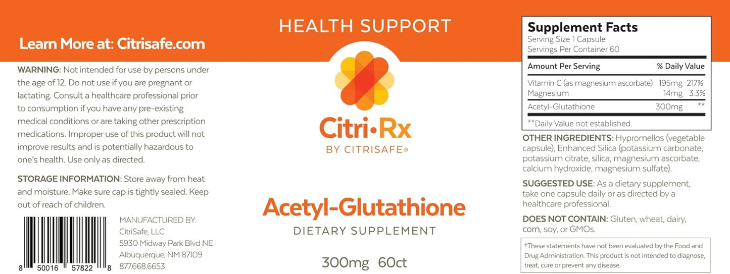 300mg CitriSafe CitriRx Acetyl Glutathione Capsules - USA Made Antioxidant Supplement - 2 Month Supply - High Absorption Formula with Magnesium