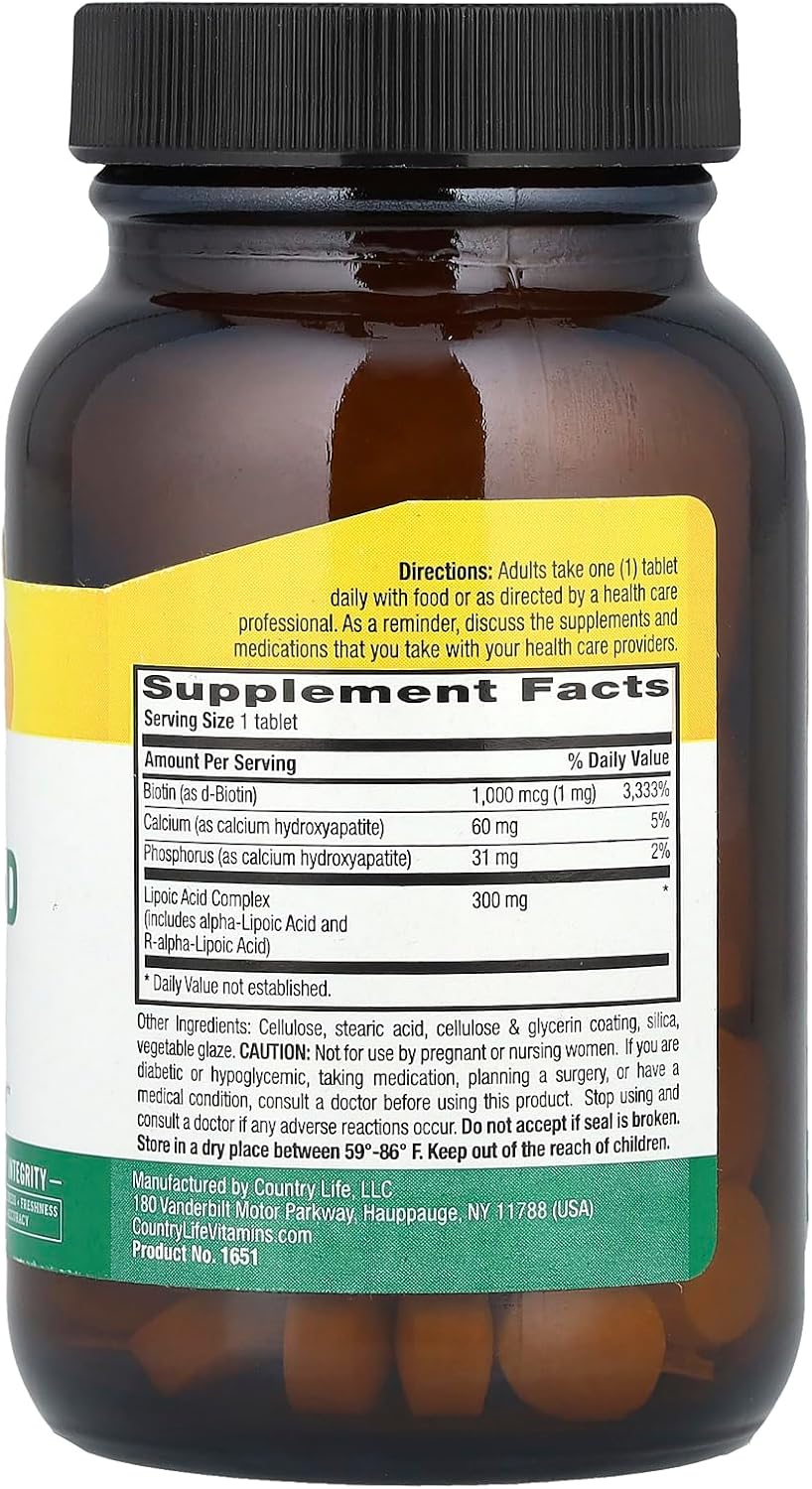 300mg Country Life R-Alpha Lipoic Acid Complex - Antioxidant Support with Alpha-Lipoic Acid & R-Lipoic Acid - No Yeast, Corn, Wheat, Soy, Gluten, Milk - Dietary Supplement