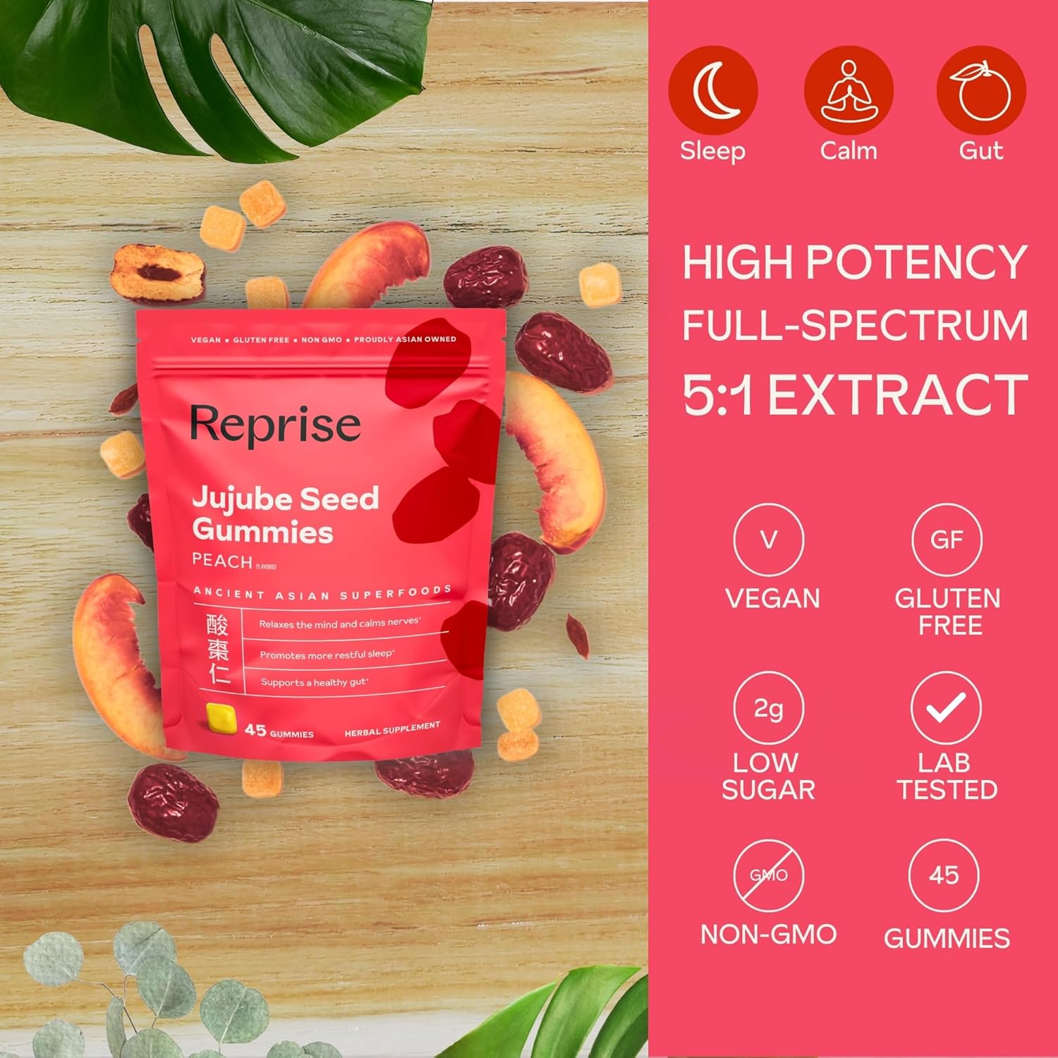 300mg Full-Spectrum Jujube Seed Daily Gummies for Relaxation & Sleep - 100% Plant-Based Vegan, Peach Flavored - 45 Gummies