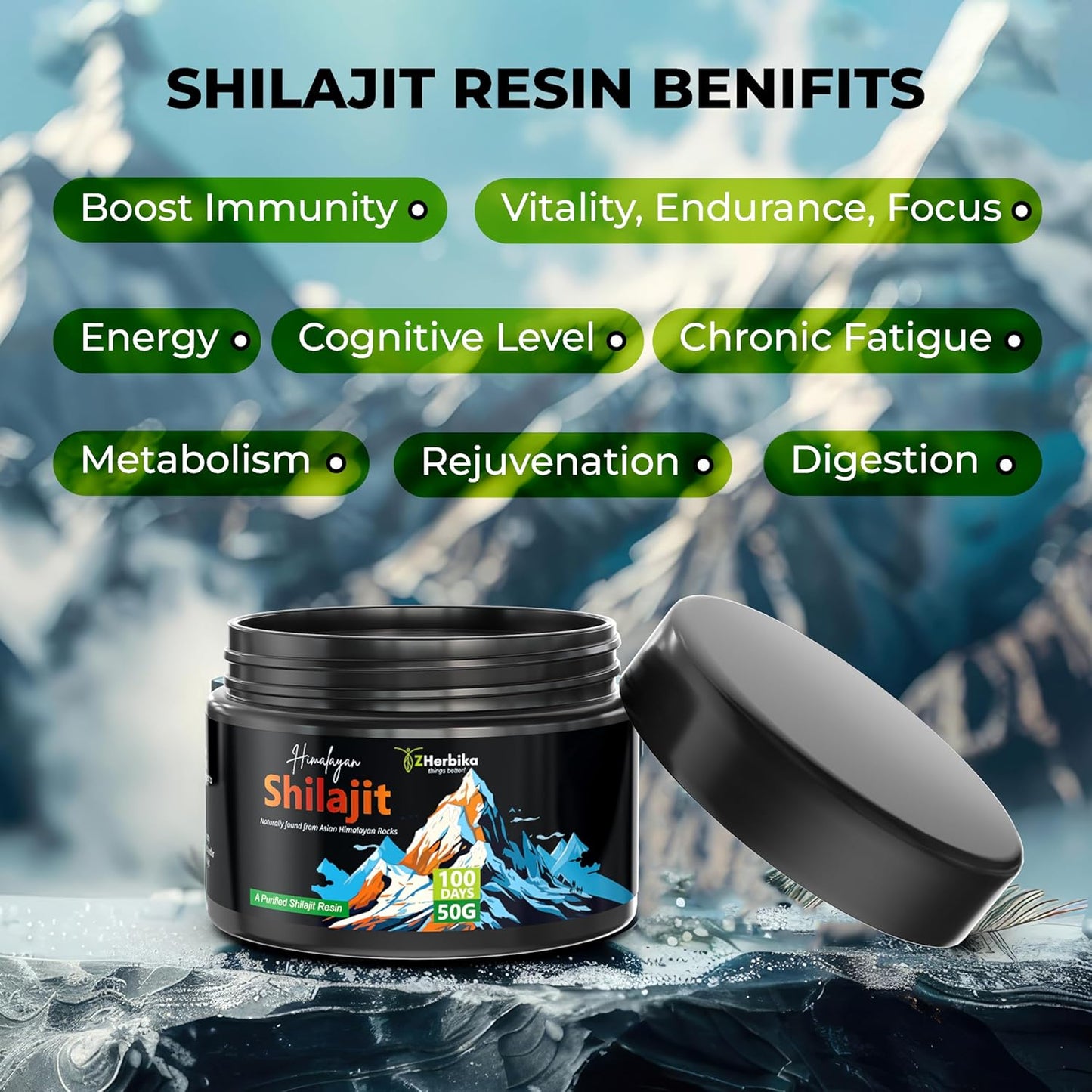 300mg High Potency ZHerbika Pure Himalayan Shilajit Resin for Immune Support & Energy Boost - 85+ Trace Minerals, 75% Fulvic Acid, 60 Servings for Men & Women