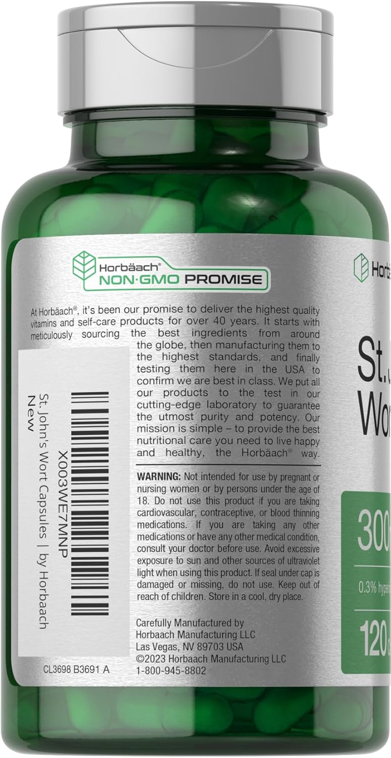 300mg St John's Wort Capsules by Horbäach | 120 Count | Non-GMO & Gluten Free Herbal Extract
