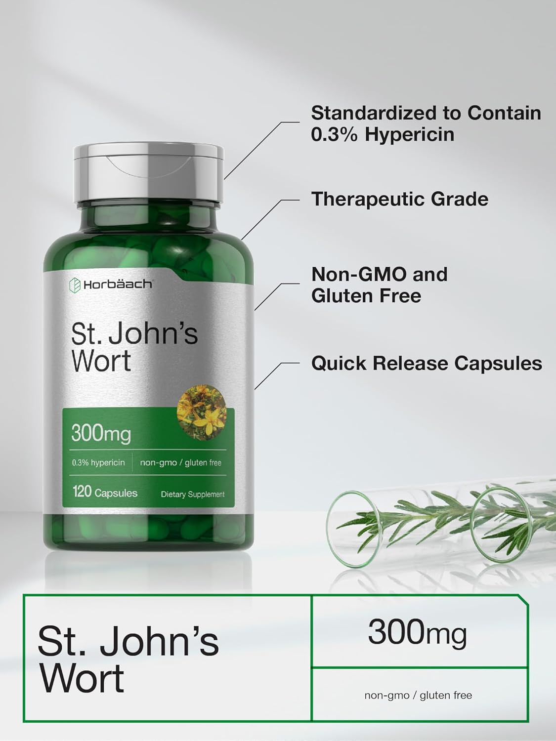 300mg St John's Wort Capsules by Horbäach | 120 Count | Non-GMO & Gluten Free Herbal Extract