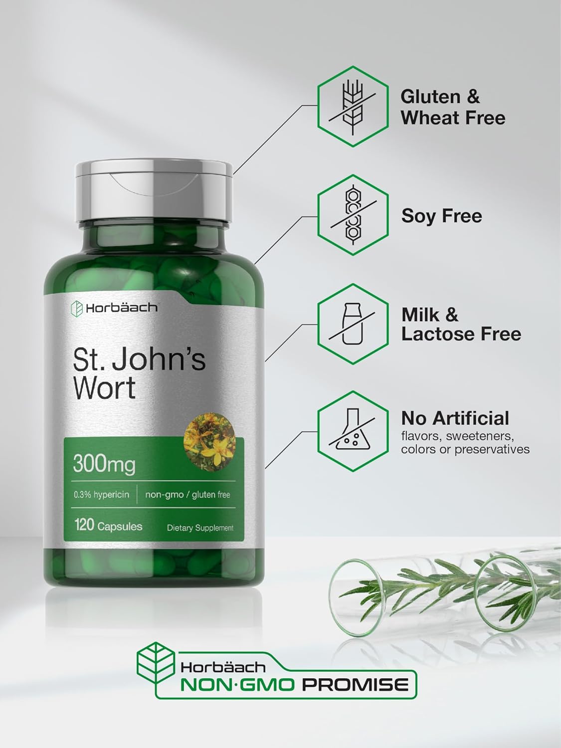 300mg St John's Wort Capsules by Horbäach | 120 Count | Non-GMO & Gluten Free Herbal Extract