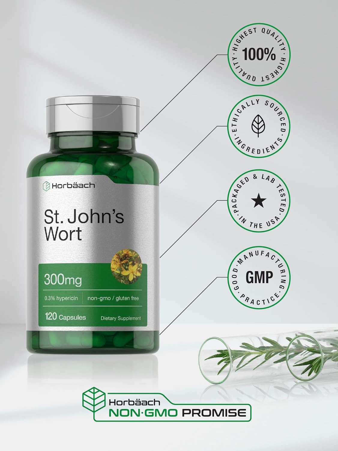300mg St John's Wort Capsules by Horbäach | 120 Count | Non-GMO & Gluten Free Herbal Extract