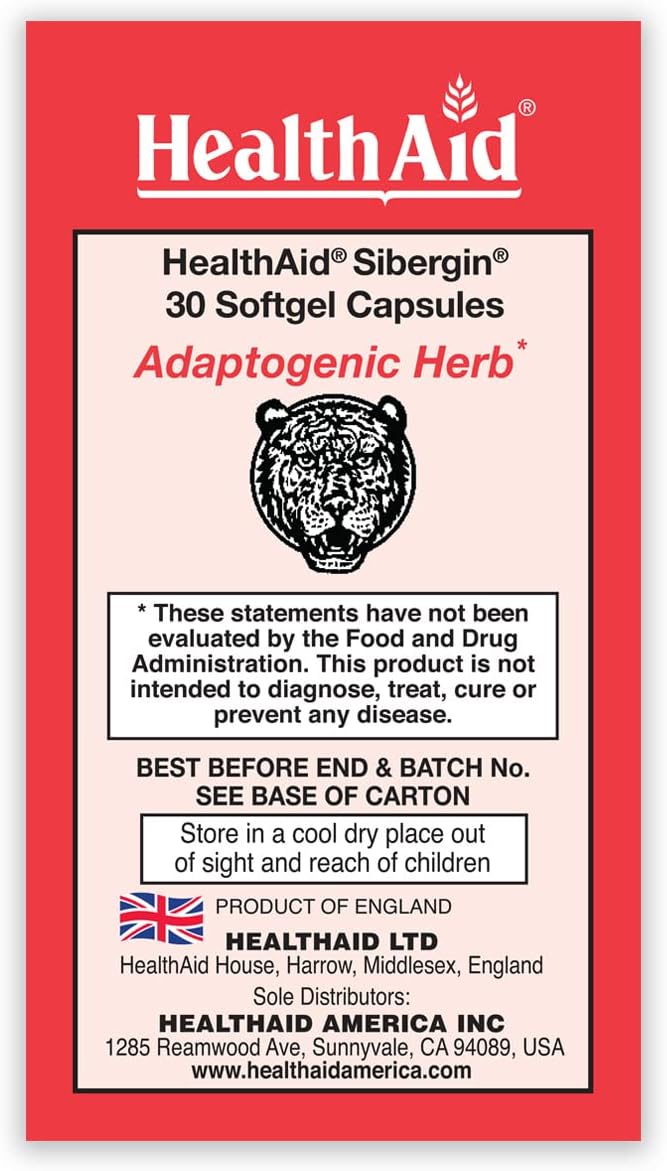 30ct HealthAid Sibergin Soft Gel Capsules with Siberian Eleuthero for Stress Relief, Stamina, and Endurance