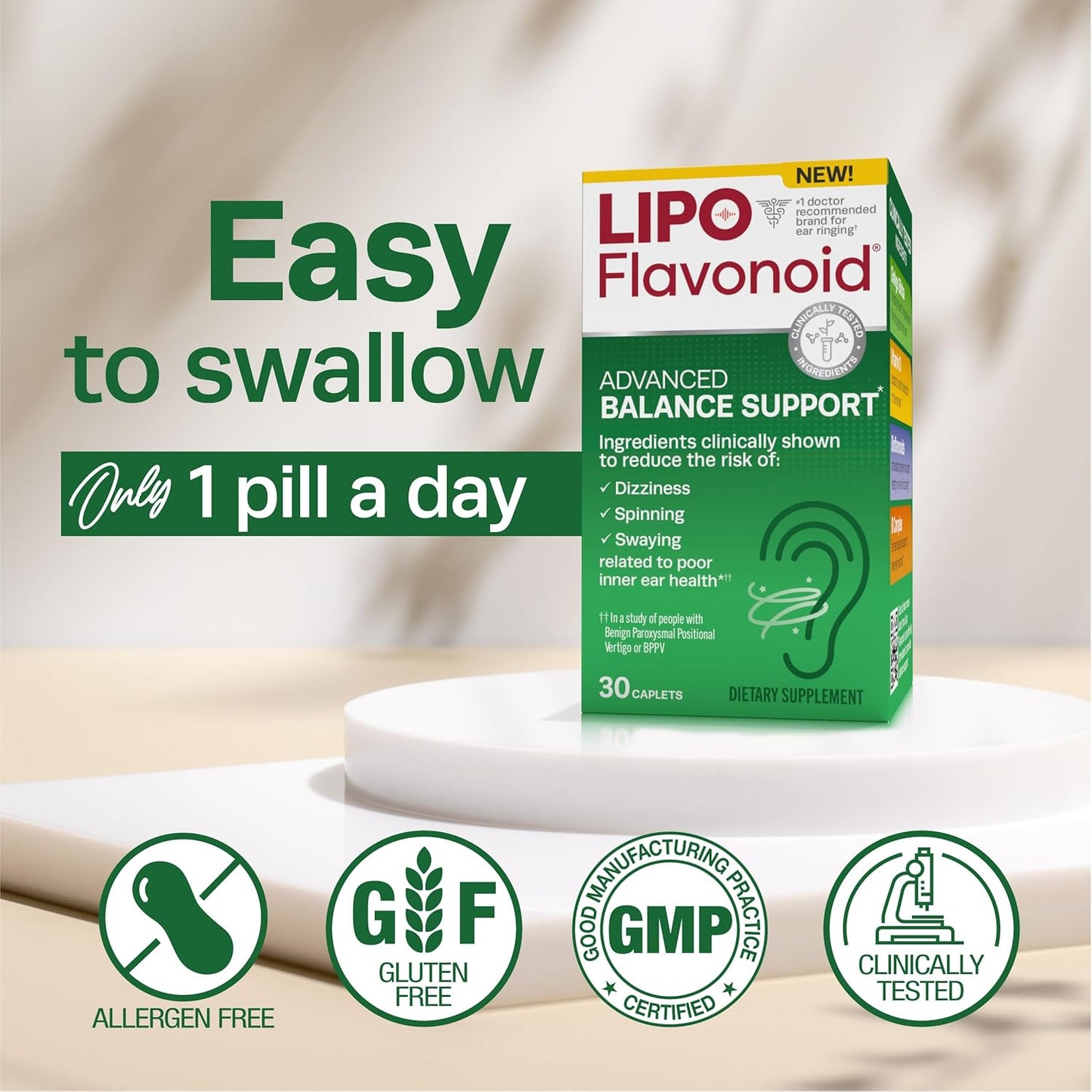 30ct Lipo-Flavonoid Balance Support Supplement for Inner Ear Health - Reduce Vertigo Symptoms, Dizziness, Swaying - Risk Reduction Formula