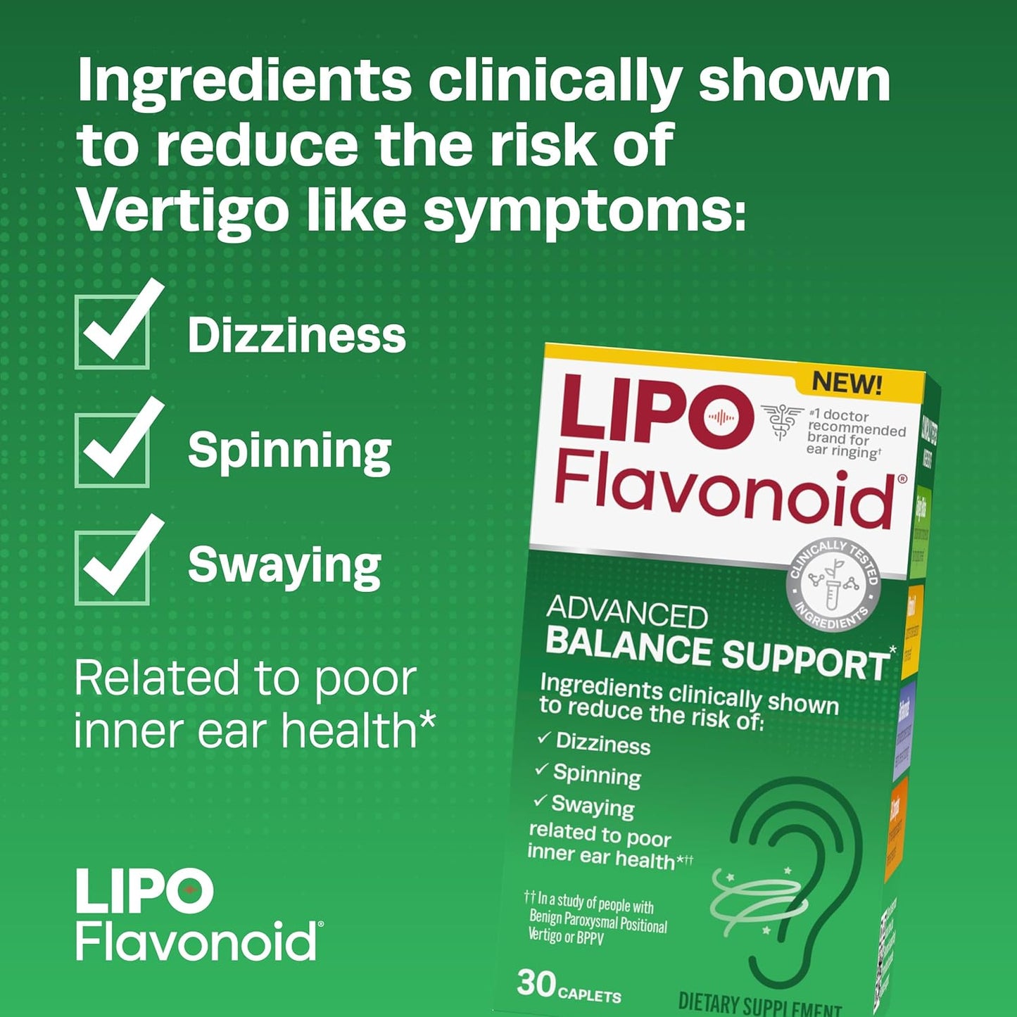 30ct Lipo-Flavonoid Balance Support Supplement for Inner Ear Health - Reduce Vertigo Symptoms, Dizziness, Swaying - Risk Reduction Formula