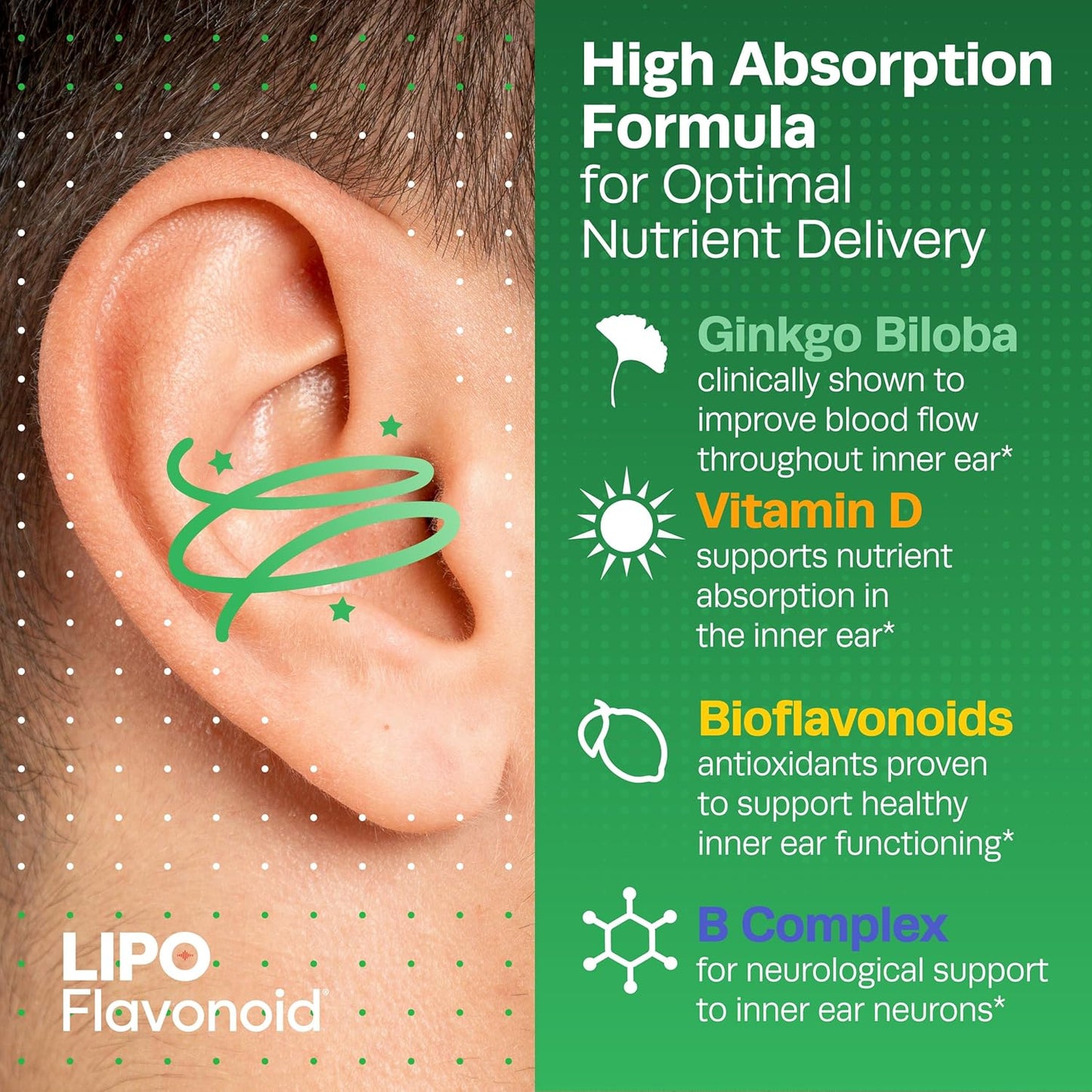 30ct Lipo-Flavonoid Balance Support Supplement for Inner Ear Health - Reduce Vertigo Symptoms, Dizziness, Swaying - Risk Reduction Formula