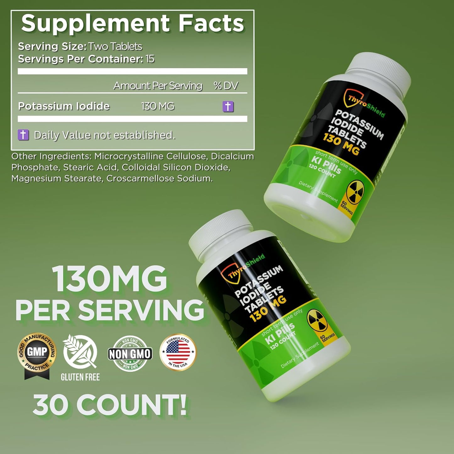 30ct ThyroShield Potassium Iodide Tablets 130mg Made in USA for Radiation Exposure - Iodine Pills - KI Pills - YODO Naciente