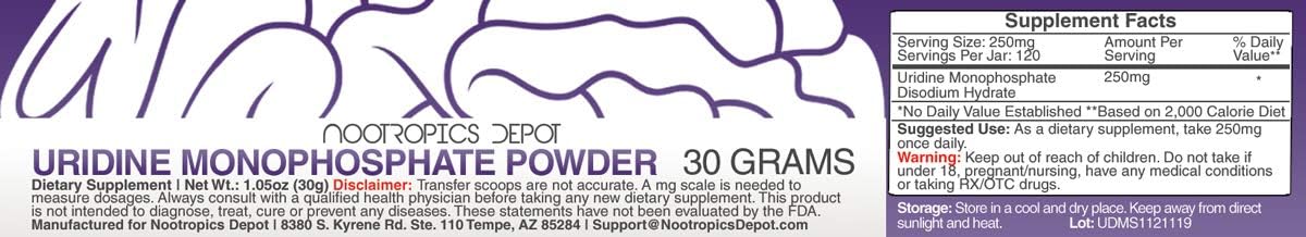 30g Nootropics Depot Uridine Monophosphate Powder - Disodium Salt for Cognitive & Mitochondrial Health