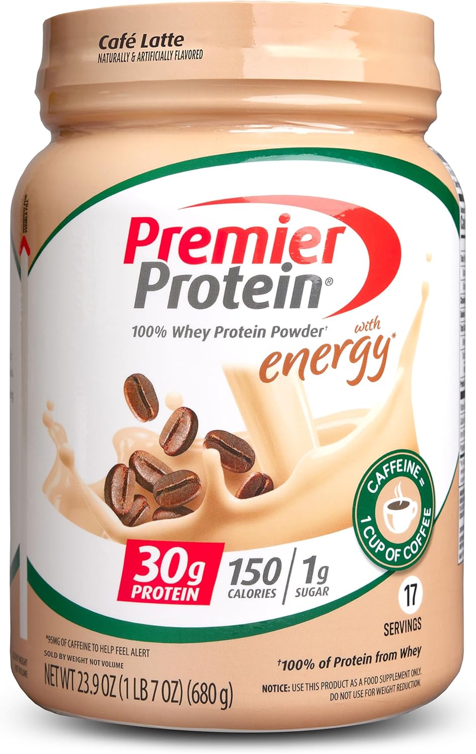 30g Protein Cafe Latte Premier Protein Powder, 1g Sugar, 100% Whey, Keto Friendly, No Soy, Gluten Free - 17 Servings, 23.9 oz
