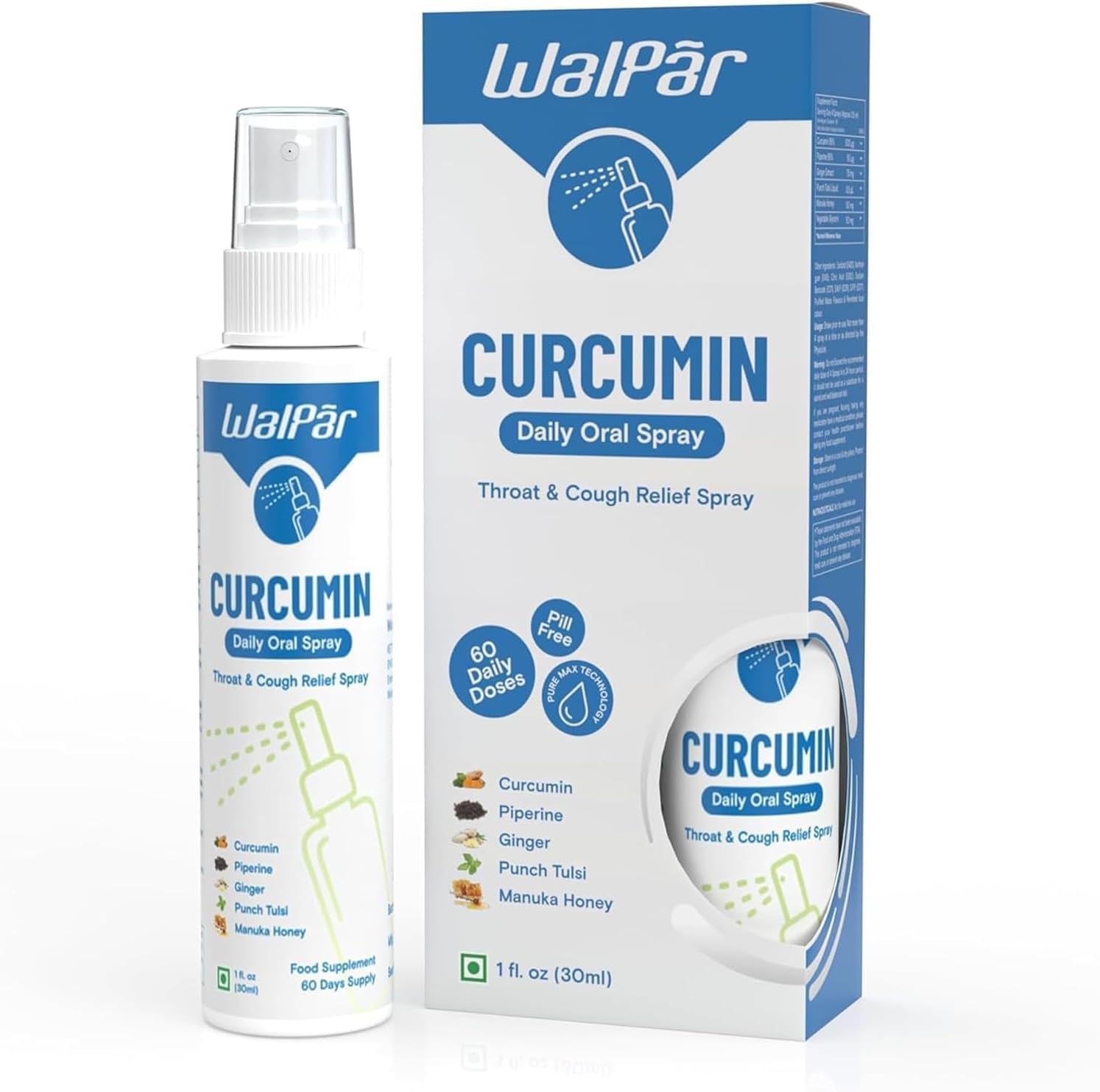 30ml WALPAR Curcumin Oral Spray with Piperine, Ginger Extract, Tulsi, and Manuka Honey - Natural Blend for 60 Days