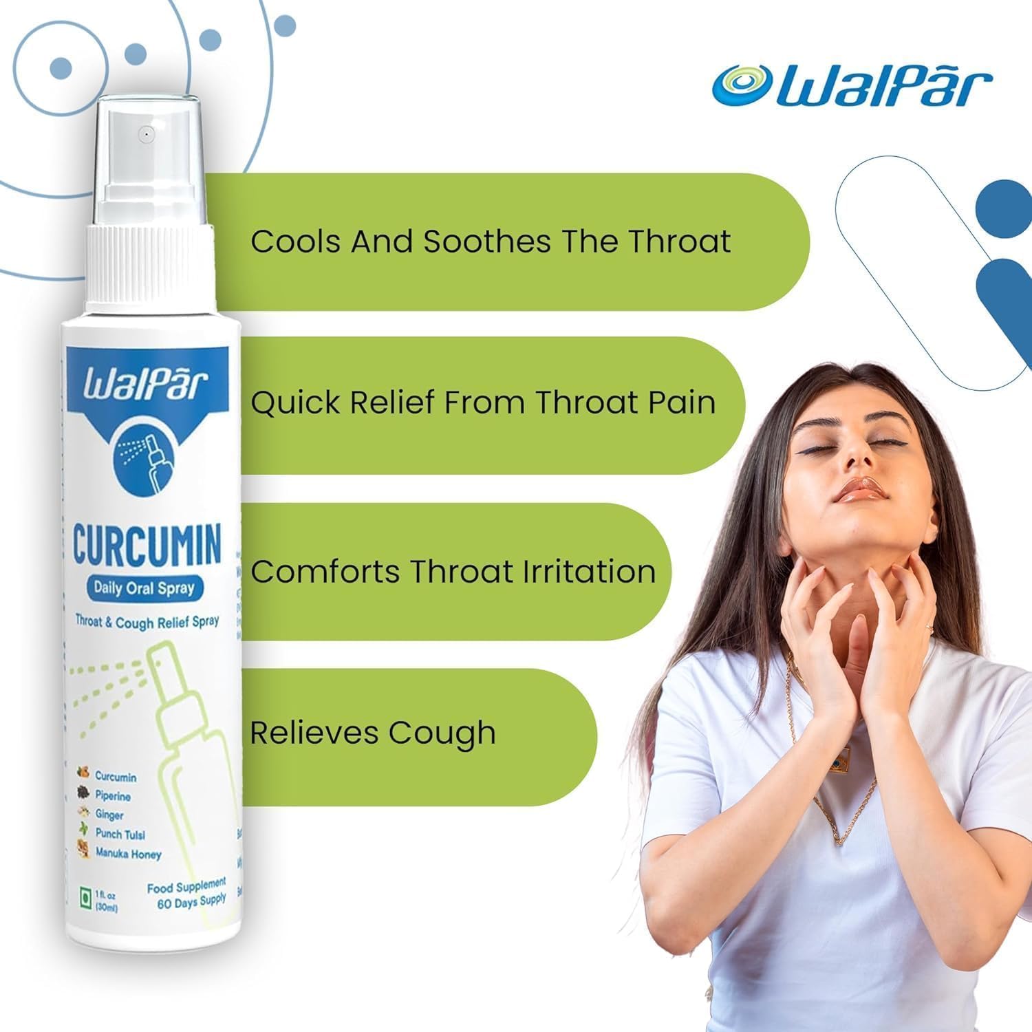 30ml WALPAR Curcumin Oral Spray with Piperine, Ginger Extract, Tulsi, and Manuka Honey - Natural Blend for 60 Days