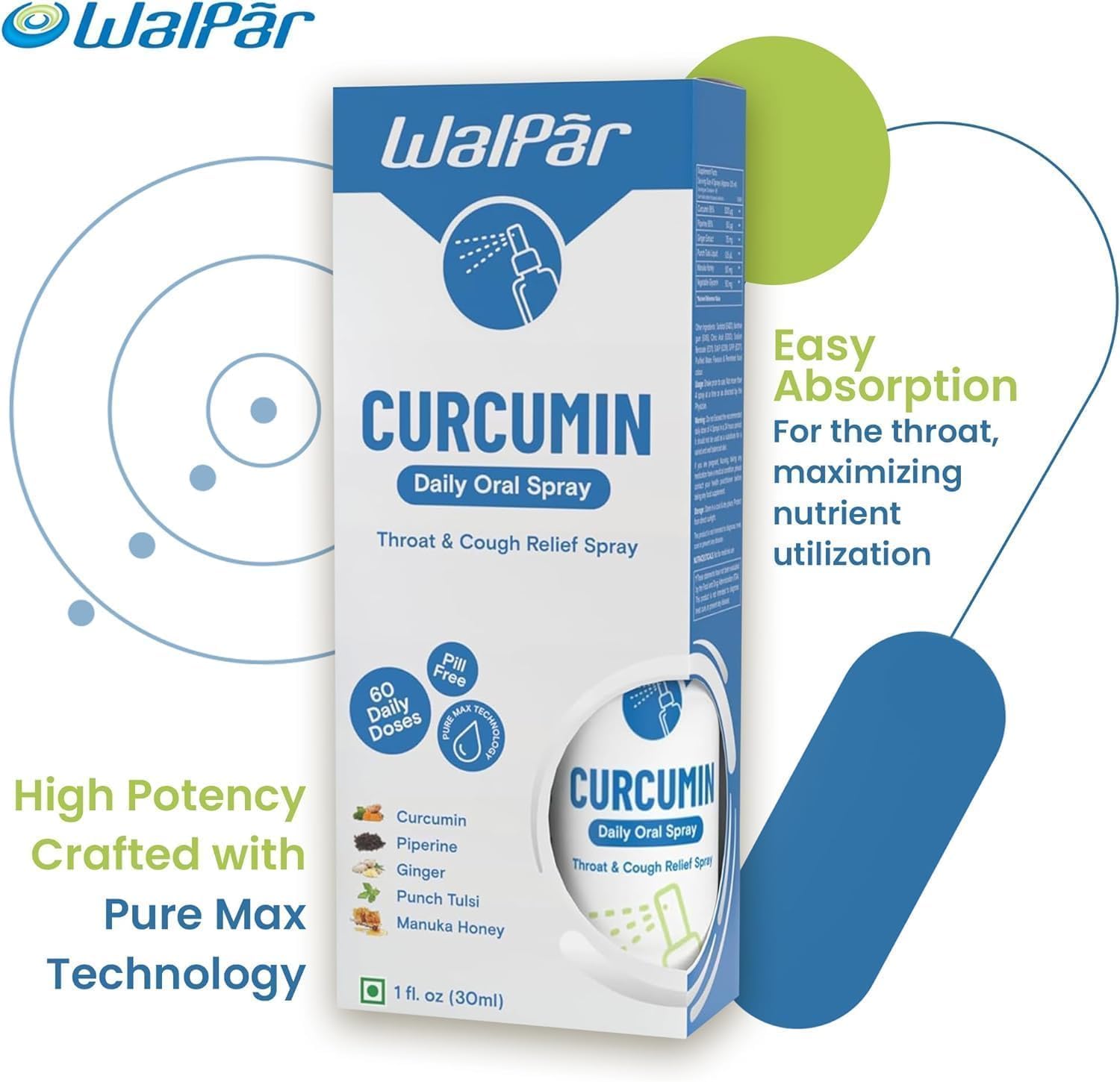 30ml WALPAR Curcumin Oral Spray with Piperine, Ginger Extract, Tulsi, and Manuka Honey - Natural Blend for 60 Days