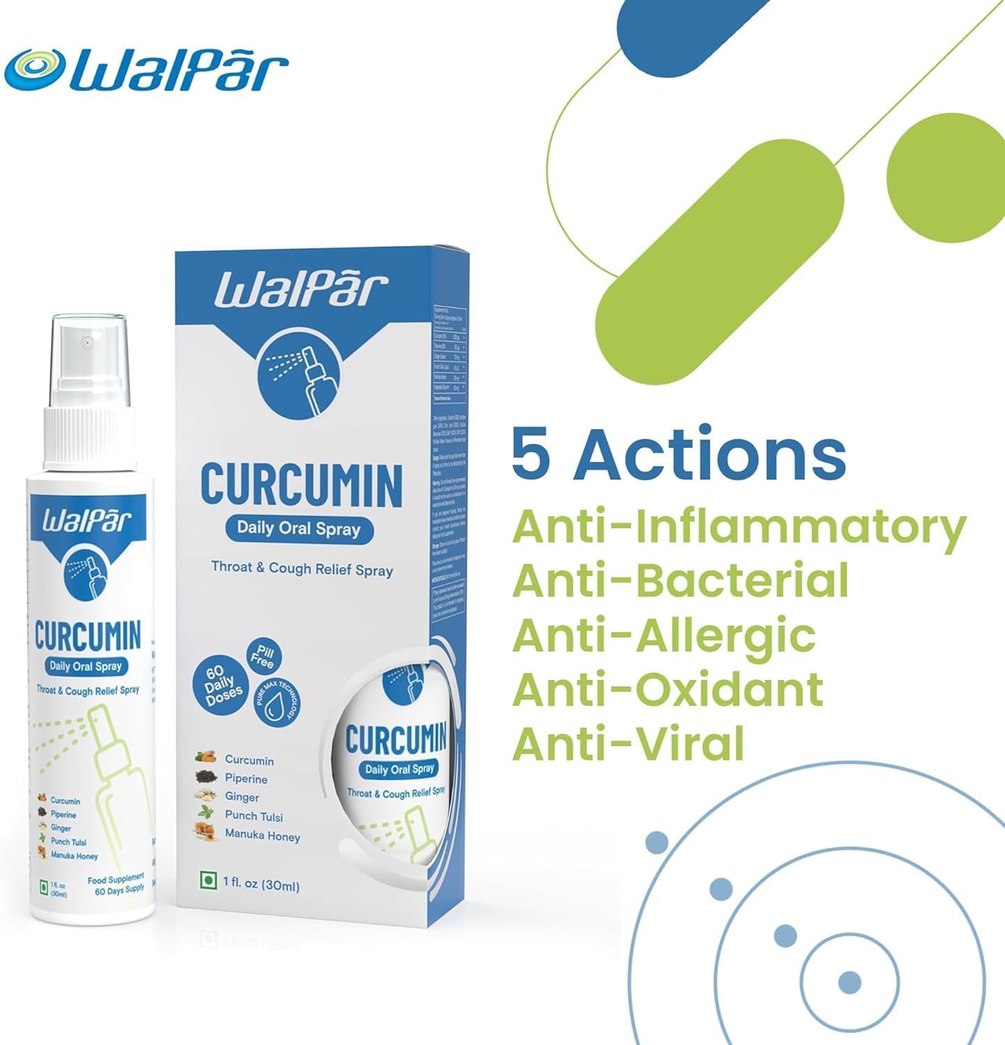 30ml WALPAR Curcumin Oral Spray with Piperine, Ginger Extract, Tulsi, and Manuka Honey - Natural Blend for 60 Days