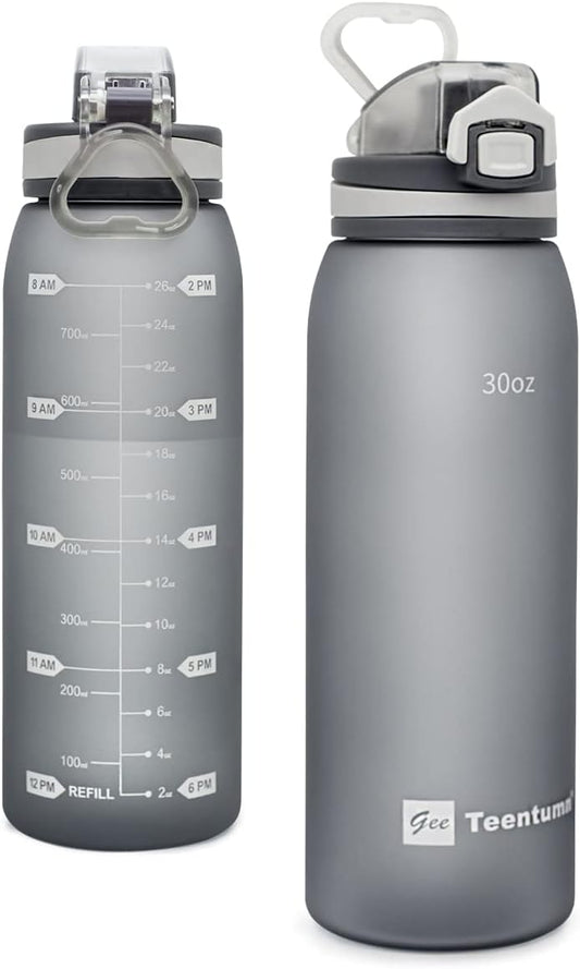 30oz Teentumn Sport Water Bottle with Time Markers - BPA Free, Durable Tritan Plastic, Leakproof Gray - Ideal for Fitness and Outdoor Activities - Large Size (1 Pack)