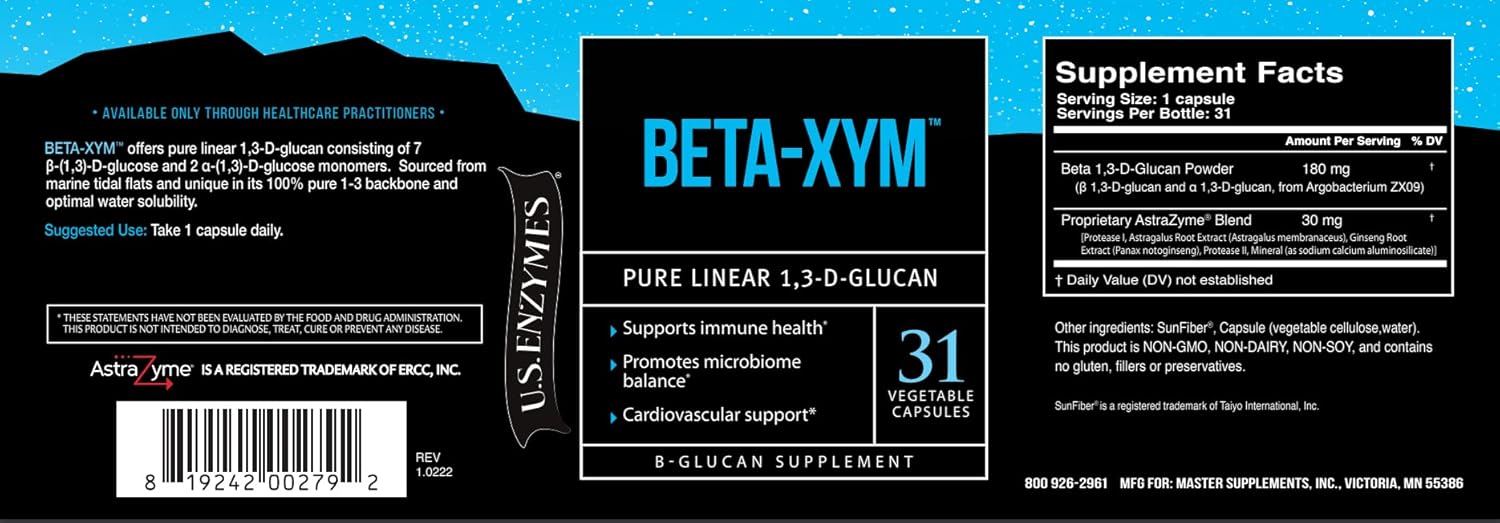 31 Count USAEnzymes U.S. Enzymes BETA-XYM Vegetable Capsules for Heart, Colon, and Bowel Health