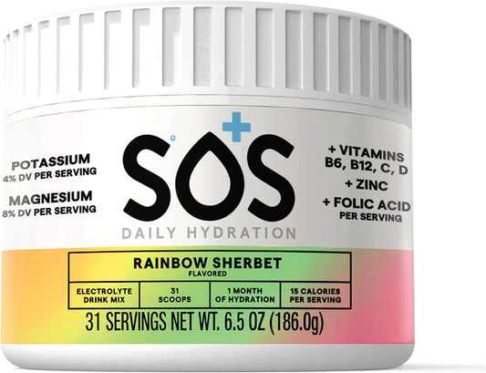 31-Serving SOS Hydration Electrolyte Powder in Rainbow Sherbert Flavor - Rapid Rehydration, Low-Calorie, Sugar-Free, Keto & Vegan-Friendly