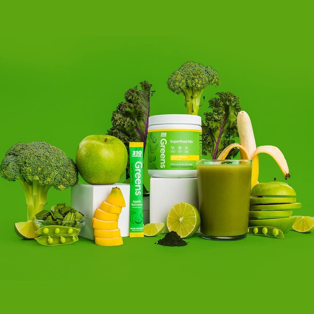 310 Greens Blend: Superfood Greens Powder with Fruit, Vegetables, Digestive Enzymes, and Probiotics - 30 Servings (Apple Banana)