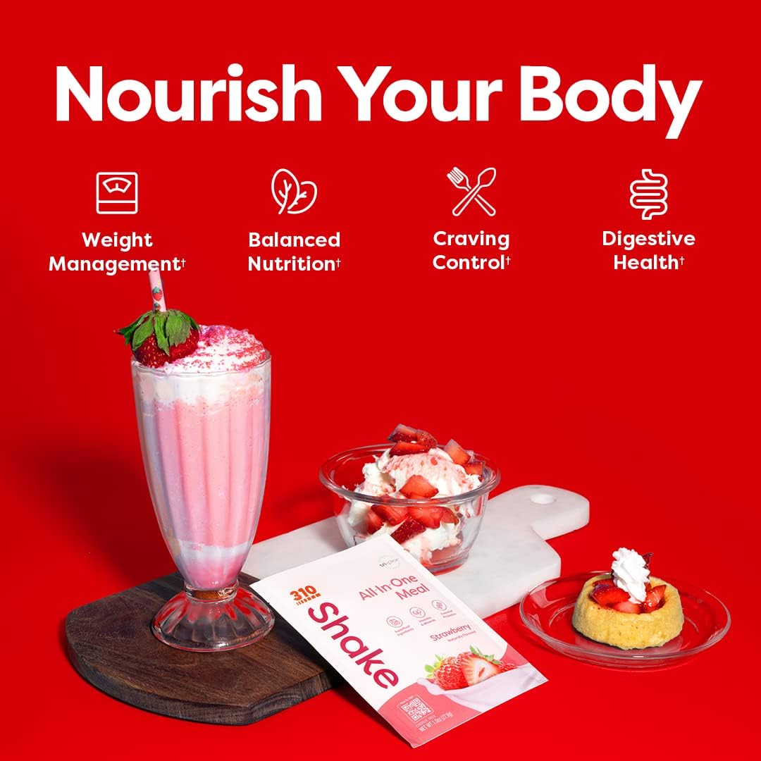 310 Nutrition All-In-One Meal Replacement Shake - Strawberry Flavor, Fiber-Rich Superfood Blend, Low Carb Keto Paleo Friendly, Gluten-Free, 28 Servings