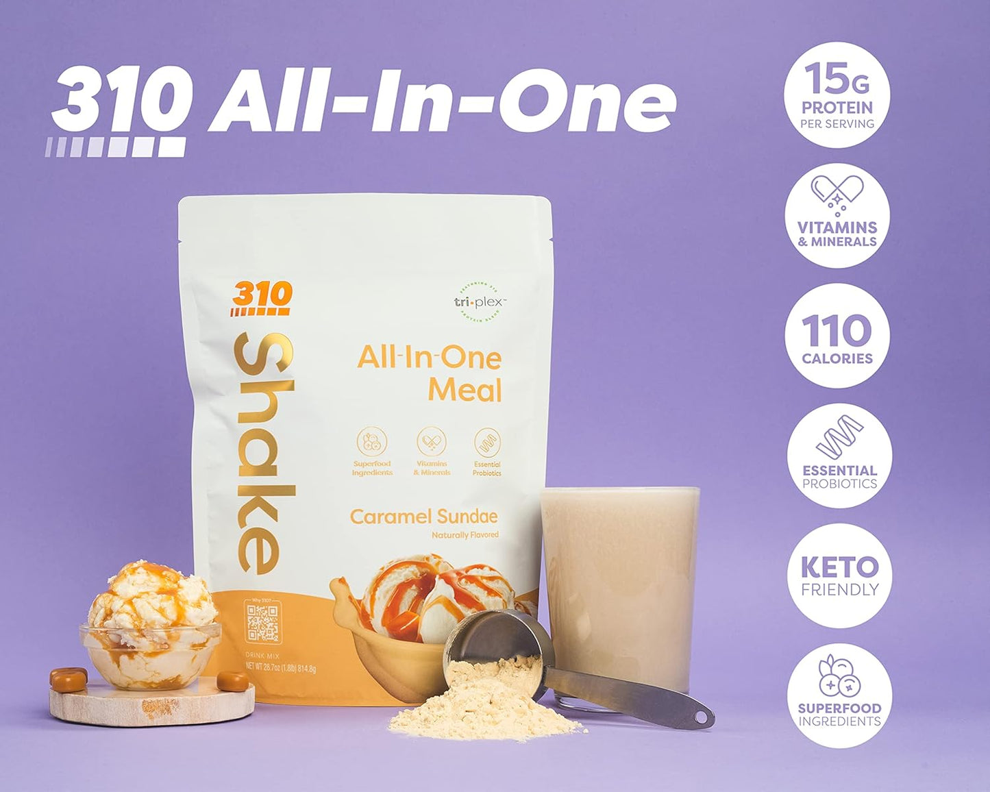 310 Nutrition Caramel Sundae Meal Replacement Shake - Superfood Blend, High Fiber, Natural Sweeteners - Keto & Paleo Friendly - Low Carb Shake, 14 Servings