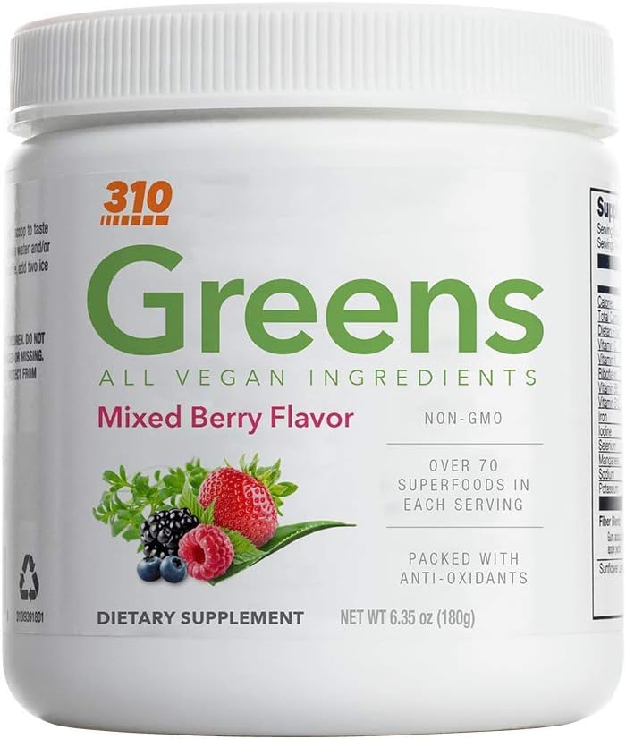310 Nutrition Organic Superfood Greens Juice Powder with Spirulina - Mixed Berry, 30 Servings - Gut Health & Metabolism Support with Probiotics & Antioxidants