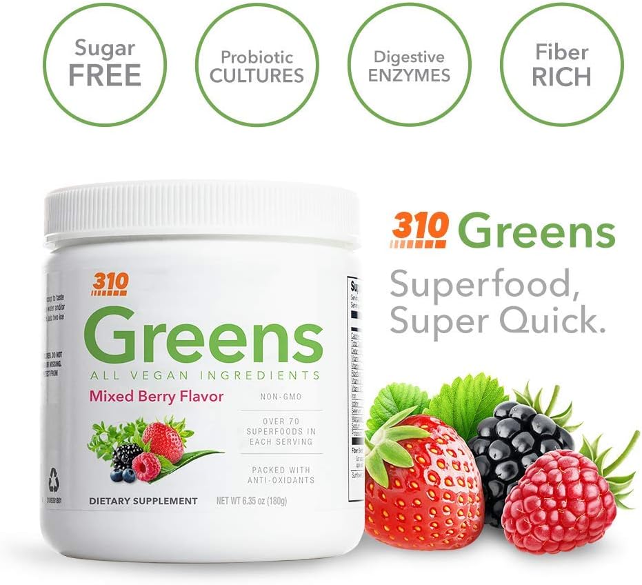 310 Nutrition Organic Superfood Greens Juice Powder with Spirulina - Mixed Berry, 30 Servings - Gut Health & Metabolism Support with Probiotics & Antioxidants