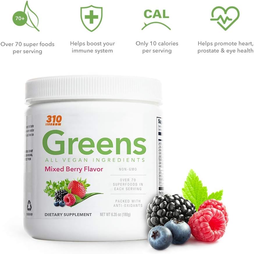310 Nutrition Organic Superfood Greens Juice Powder with Spirulina - Mixed Berry, 30 Servings - Gut Health & Metabolism Support with Probiotics & Antioxidants