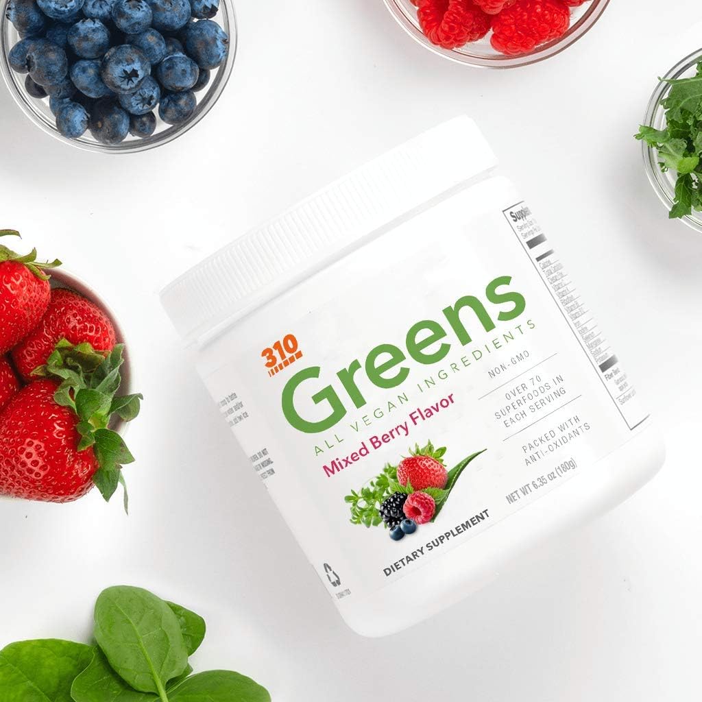 310 Nutrition Organic Superfood Greens Juice Powder with Spirulina - Mixed Berry, 30 Servings - Gut Health & Metabolism Support with Probiotics & Antioxidants
